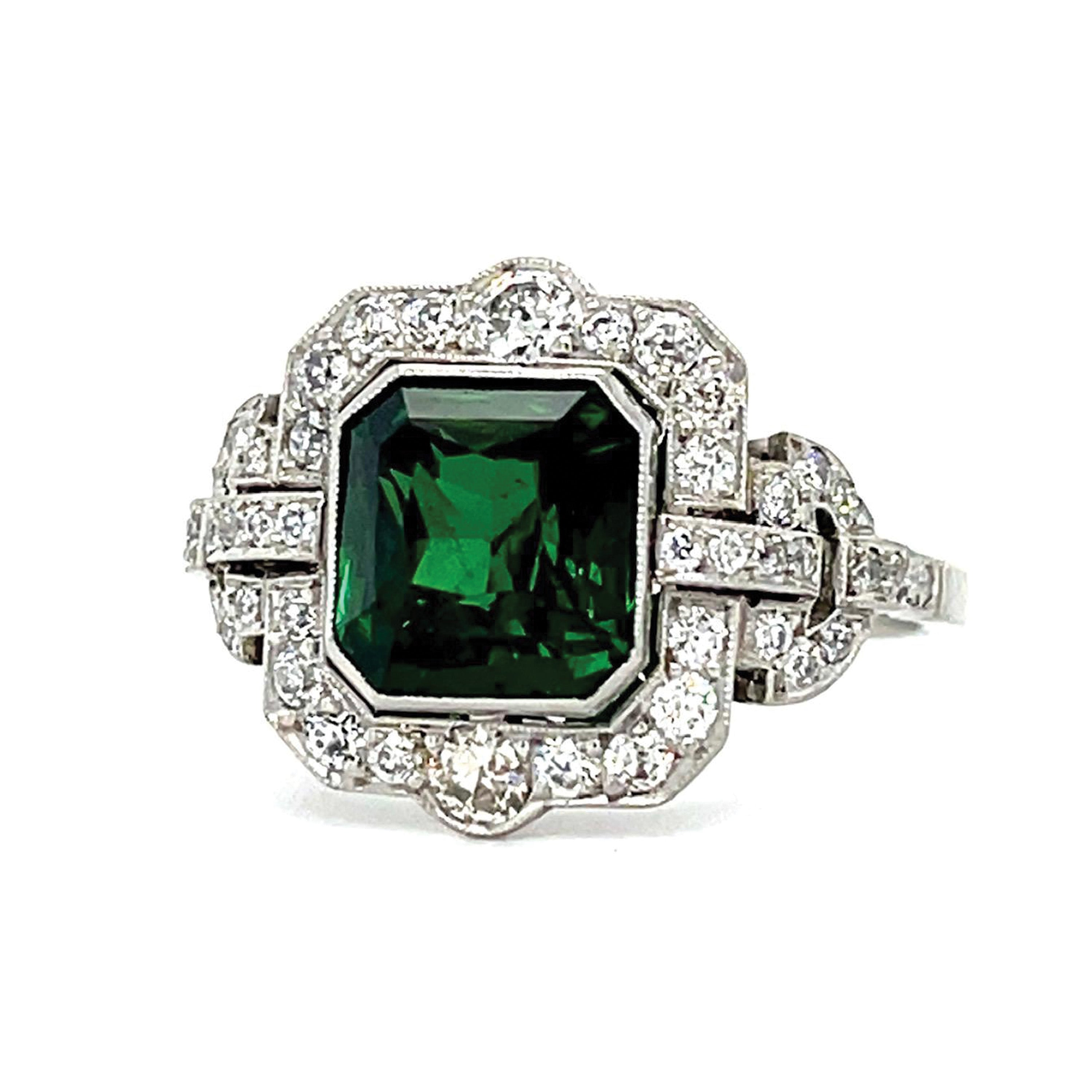 Tsavorite Garnet Diamond Platinum Ring Statement Ring Roseark Vintage