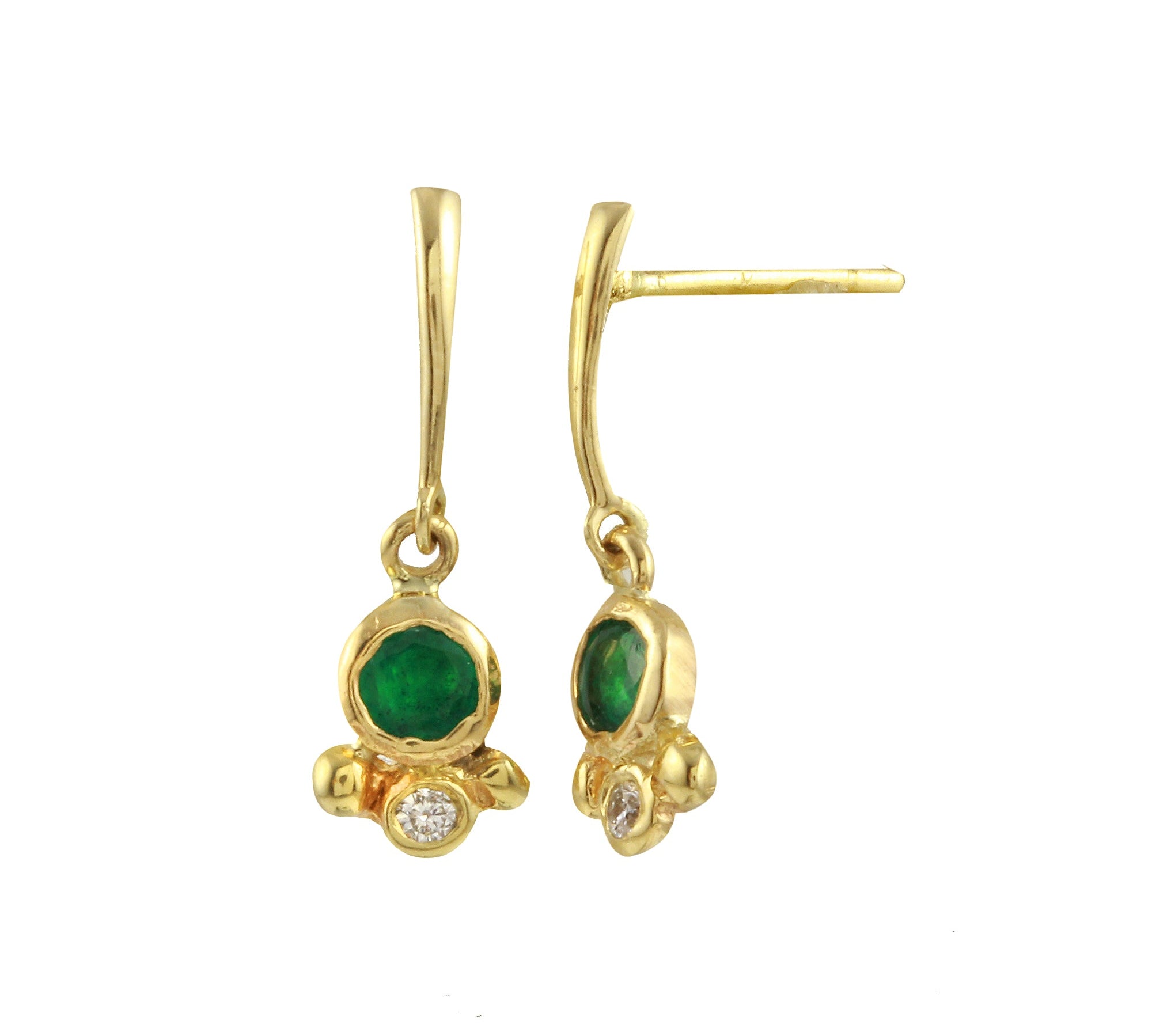 Tridot Dangle Stud, Yellow Gold and Emerald Stud Earrings Jaine K Designs   