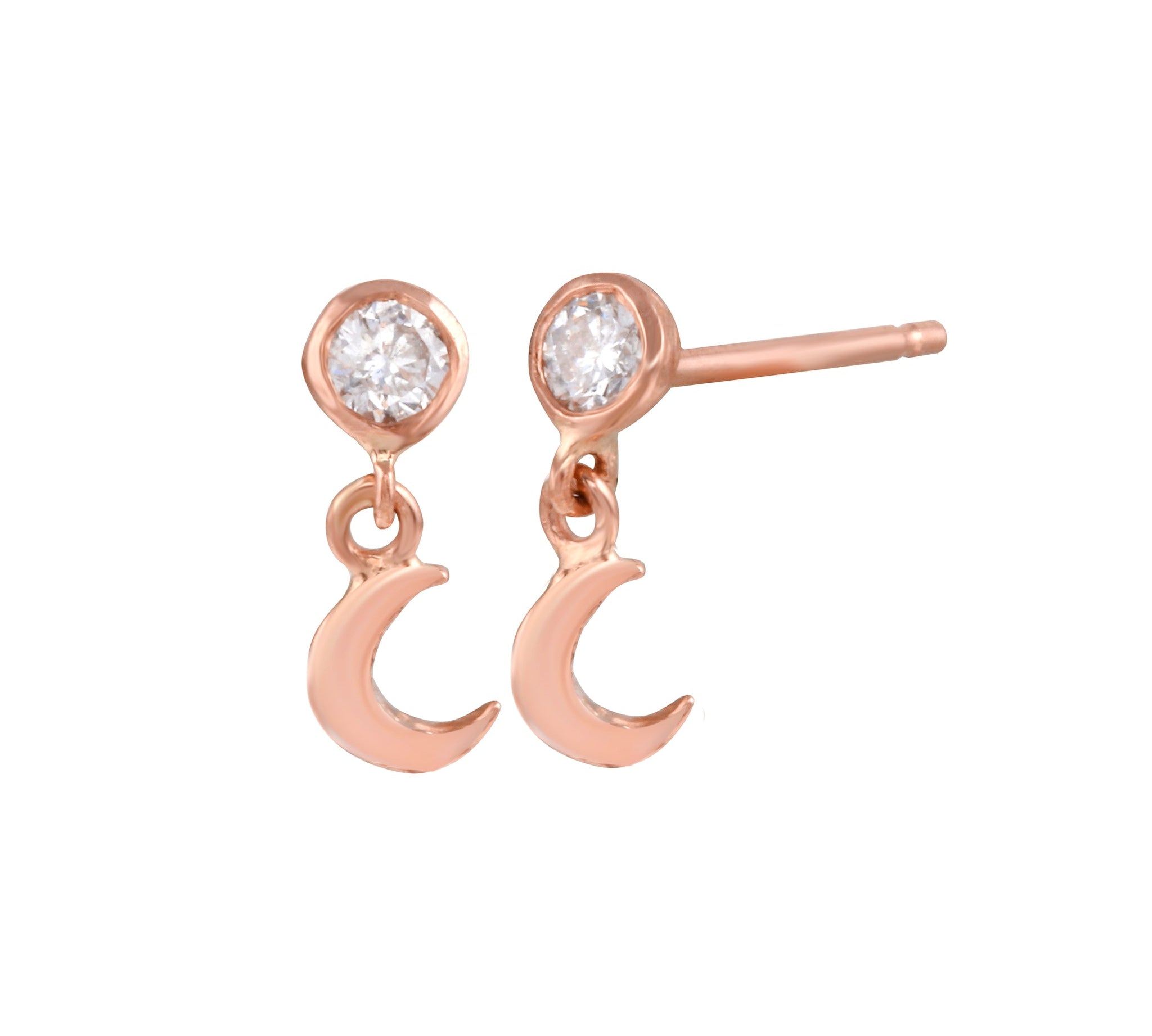 14k Gold and Diamond Bezel Moon Dangle Stud Stud Earrings Jaine K Designs Rose Gold  