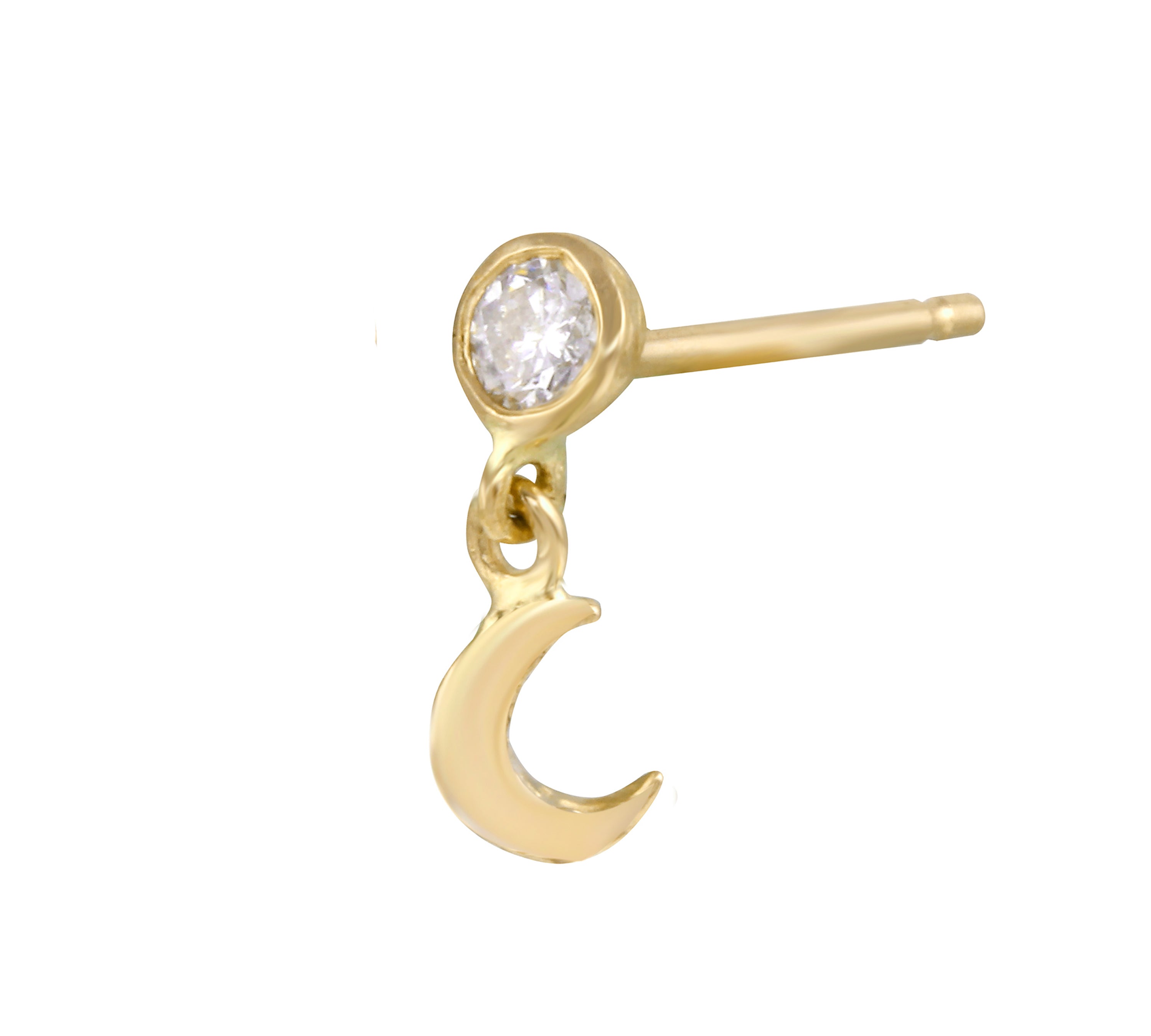 Diamond Bezel with Crescent Moon Stud Earring Drop Earrings Jaine K Designs Single Yellow Gold