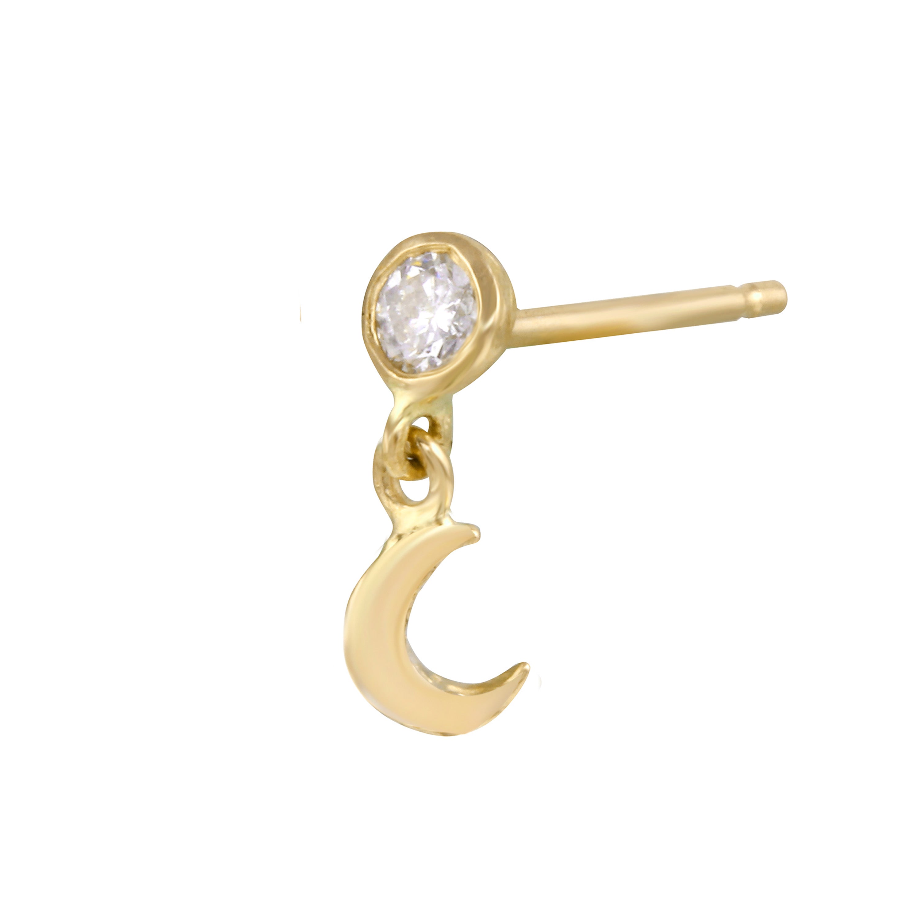 Diamond Bezel with Crescent Moon Stud Earring Drop Earrings Jaine K Designs Single Yellow Gold