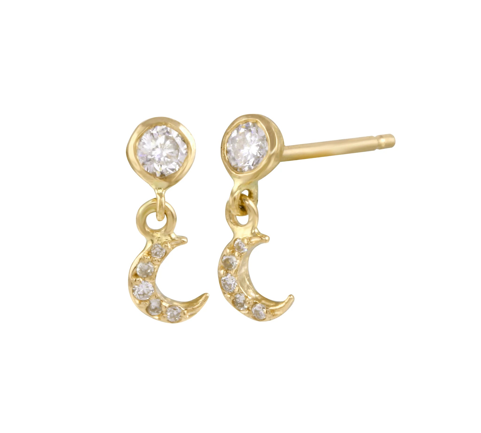 Crescent Moon Pave Dangle Earring Drop Earrings Jaine K Designs Yellow Gold  