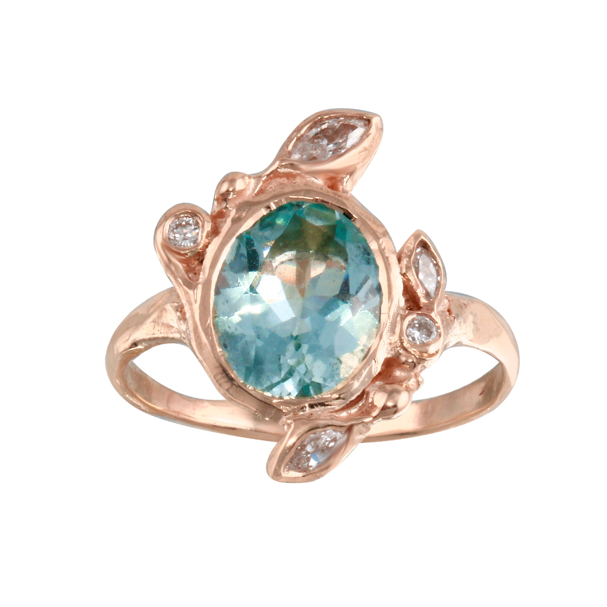 Oval Leaf Ring Cocktail Jaine K Designs Rose Gold/Aquamarine  