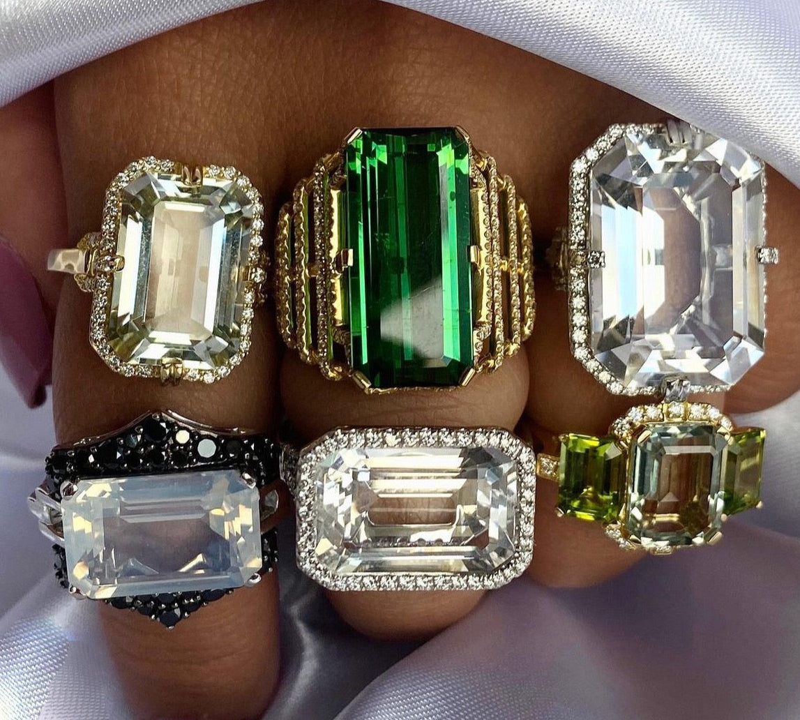 Emerald-Cut Tourmaline Diamond Ring Statement Ring Goshwara   