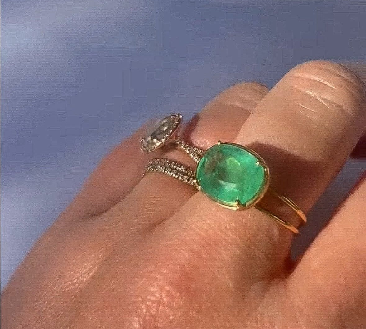 Oval Emerald Ring with Double Band Cocktail Ring Amy Gregg Jewelry   