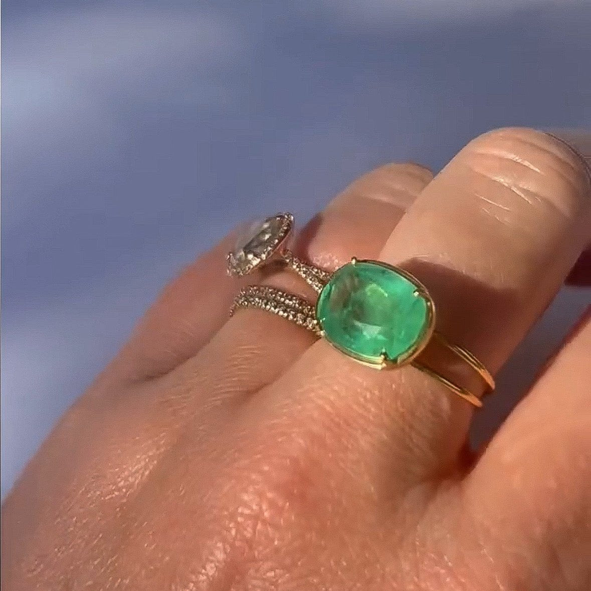 Oval Emerald Ring with Double Band Cocktail Ring Amy Gregg Jewelry   