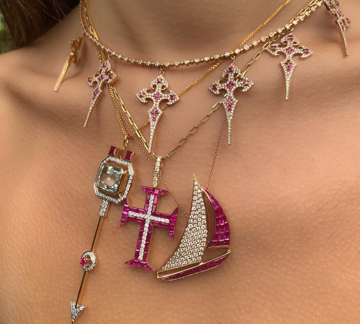 Multiple Cross Ruby Diamond Necklace Necklace Hanut Singh   