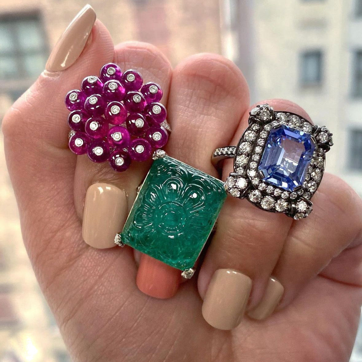 G-One Cluster Ruby Ring with Diamonds Cocktail Ring Goshwara