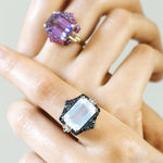 Moon Quartz Emerald-Cut Ring with Black Diamonds Cocktail Goshwara   