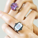 Moon Quartz Emerald-Cut Ring with Black Diamonds Cocktail Goshwara   