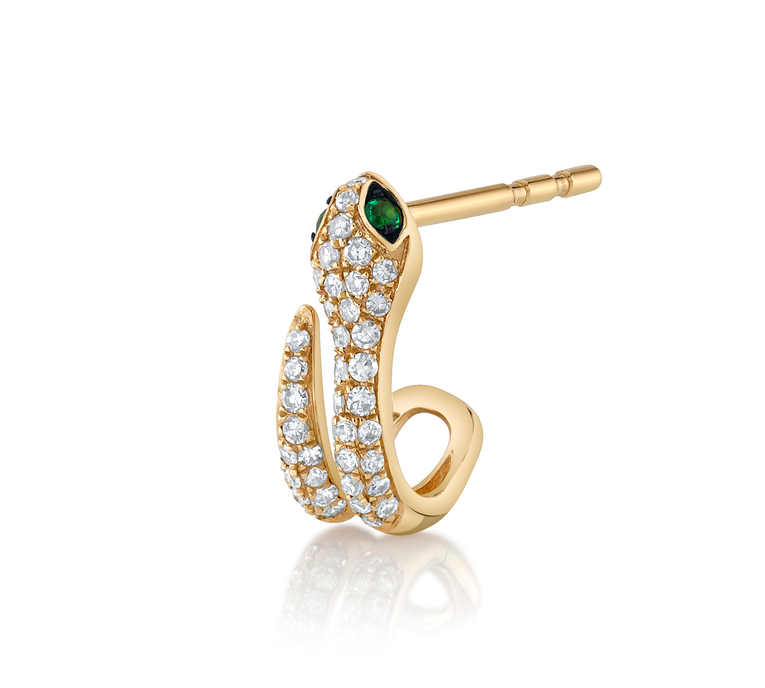 Pave Diamond Snake Half-Hoop with Emerald Eyes Huggie Earrings Roseark Deux Single  