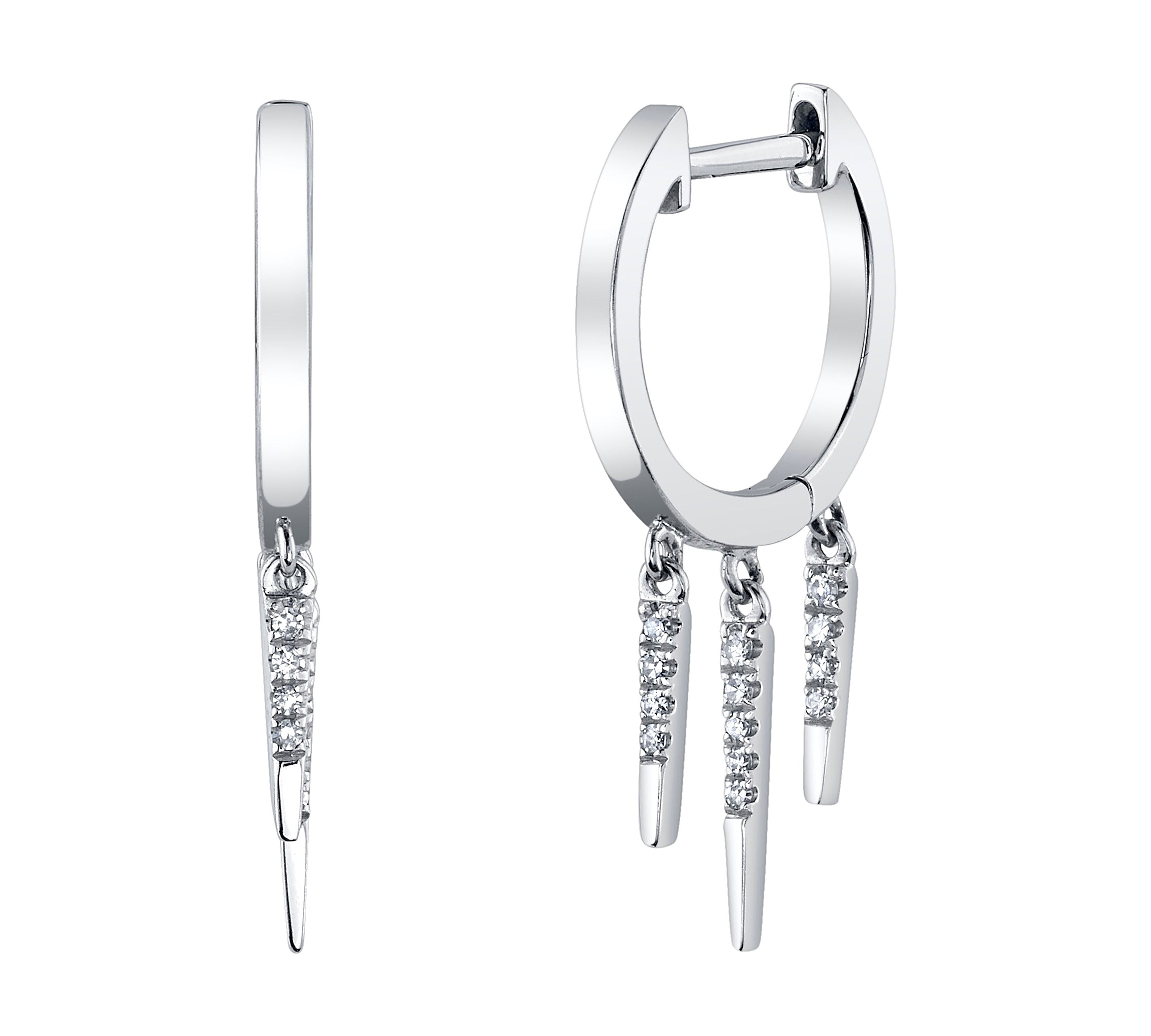 Diamond 3-Fringe Drop Huggie Huggie Earrings Roseark Deux Pair White Gold 