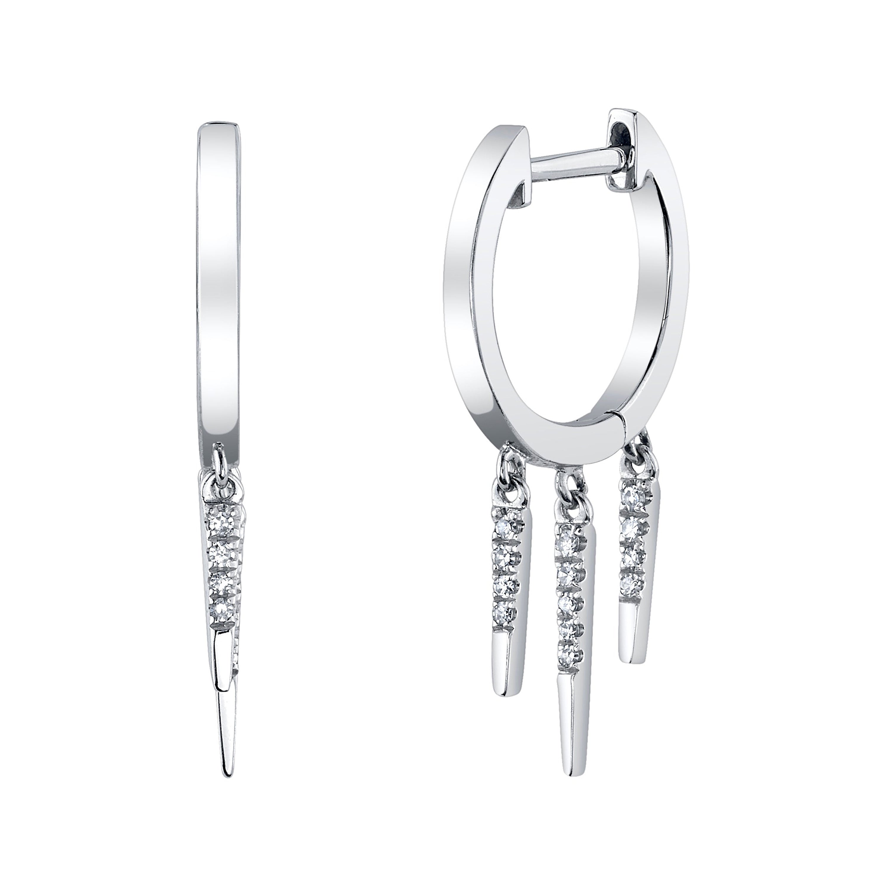 Diamond 3-Fringe Drop Huggie Huggie Earrings Roseark Deux Pair White Gold 