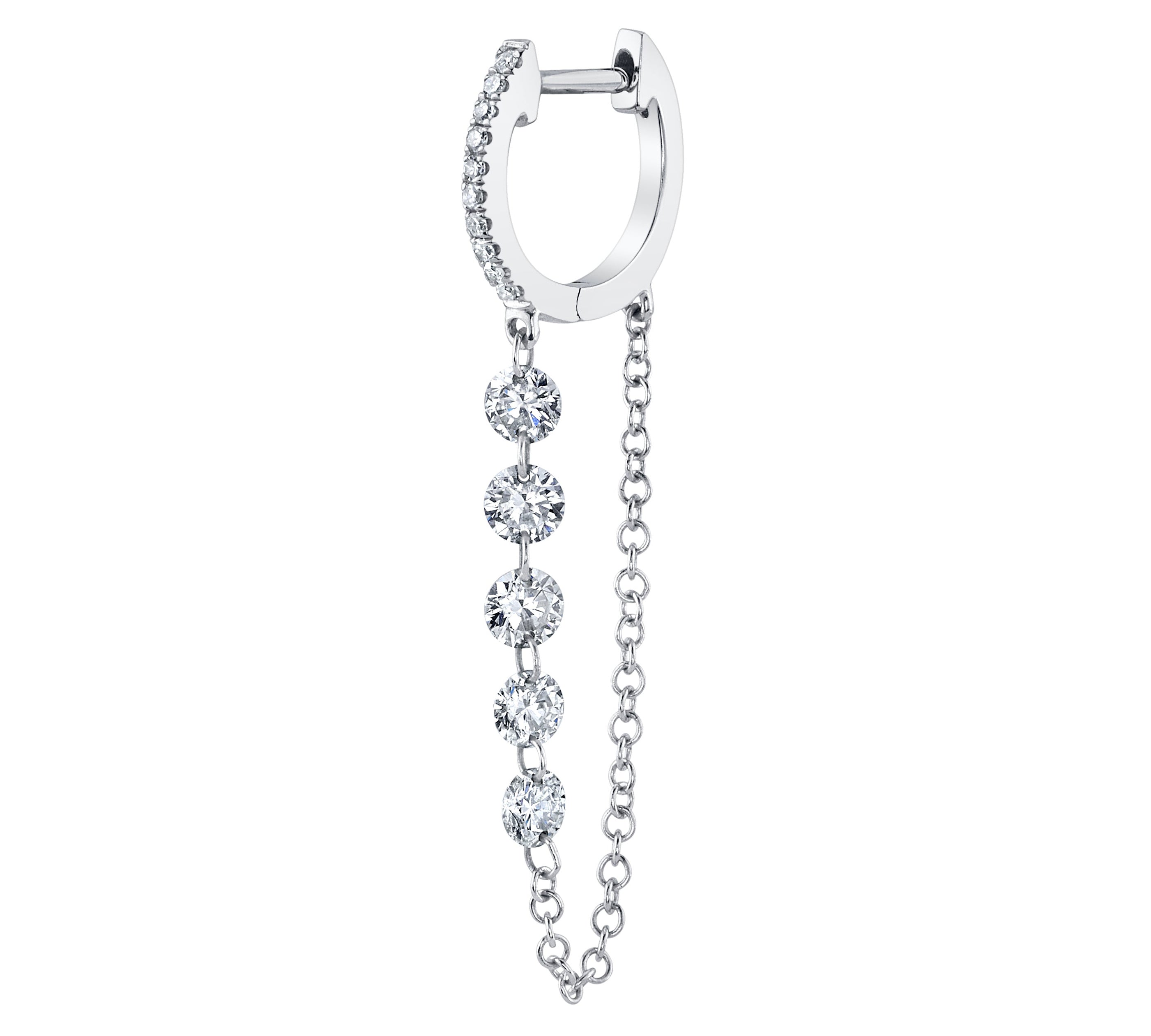 5-Diamond Chain Drop Huggie Drop Earrings Roseark Deux Single White Gold 