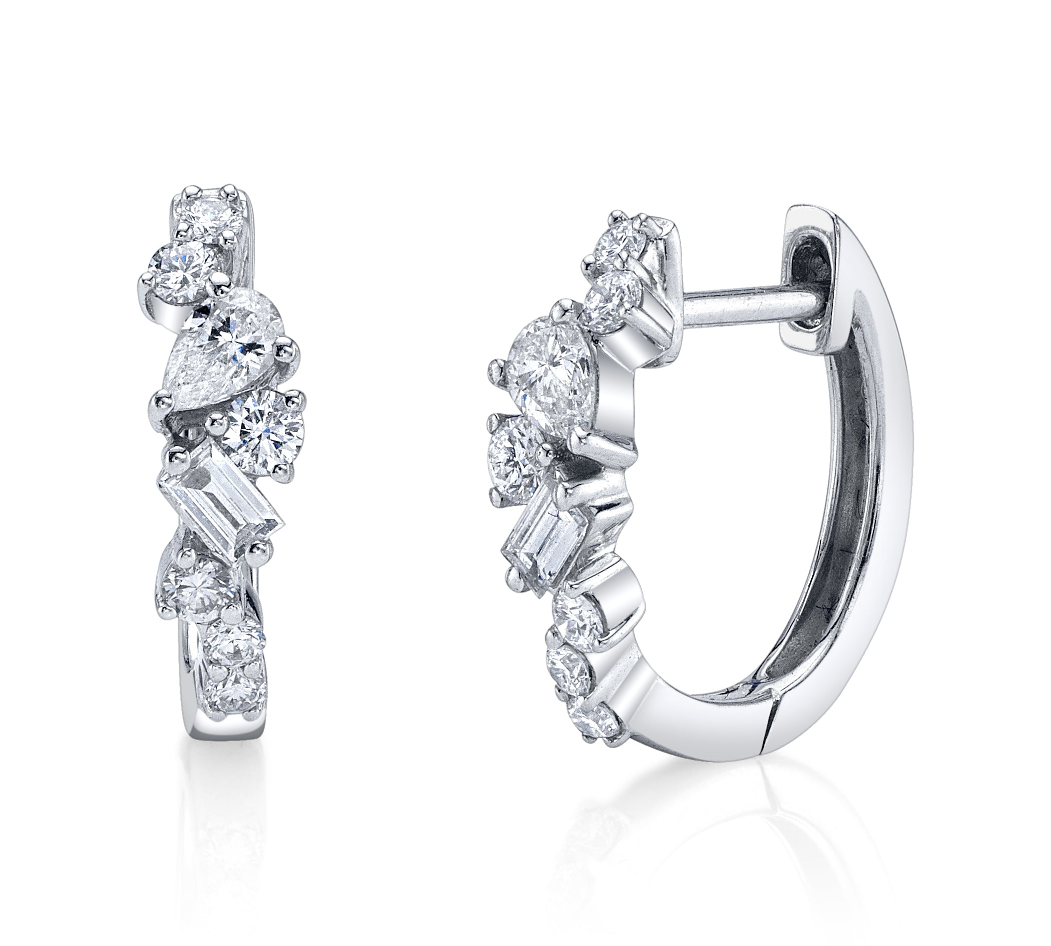 Baguette-Tear-Round Cluster Diamond Huggie Huggie Earrings Roseark Deux Pair