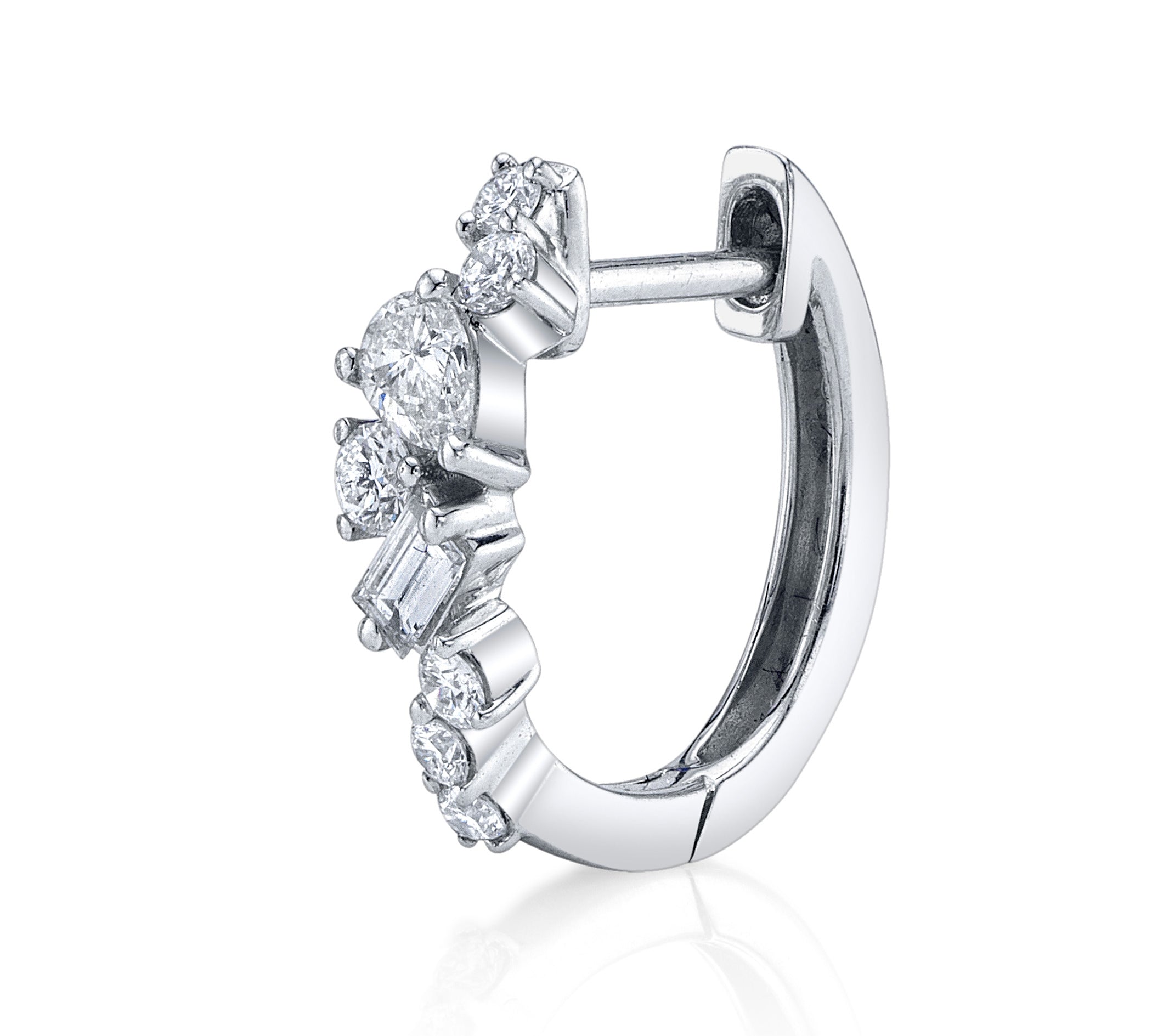 Baguette-Tear-Round Cluster Diamond Huggie Huggie Earrings Roseark Deux Single