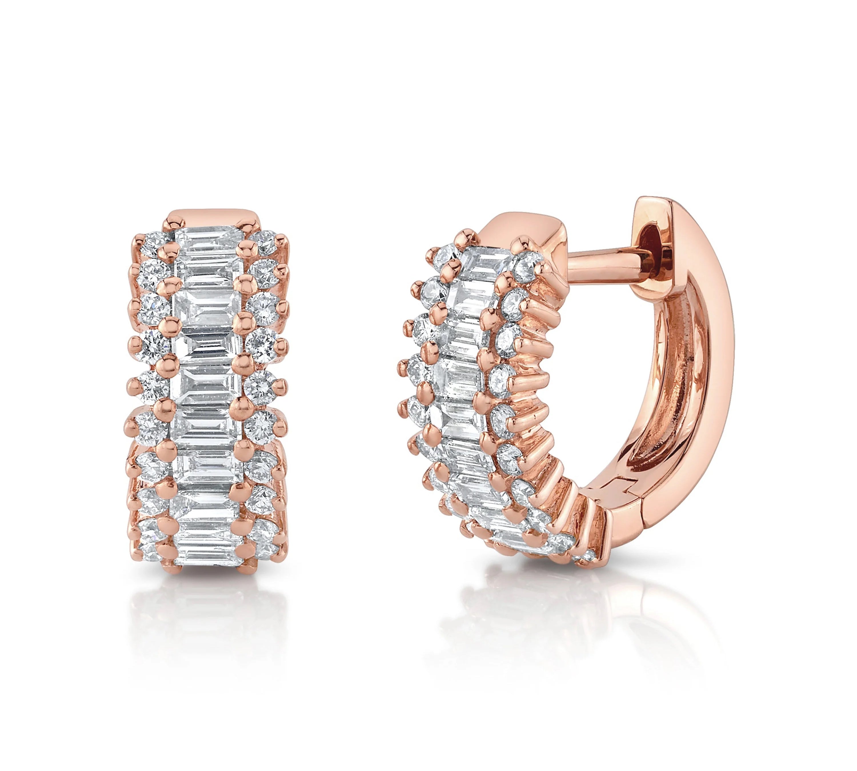 Baguette Diamond Railway Huggie Huggie Earrings Roseark Deux Pair Rose Gold 