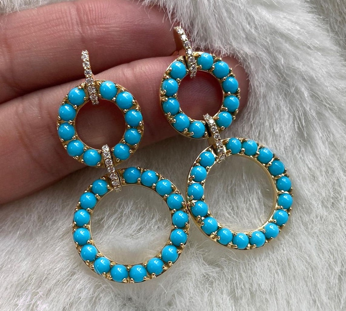 Turquoise Cabochon Earrings with Diamonds Statement Goshwara   