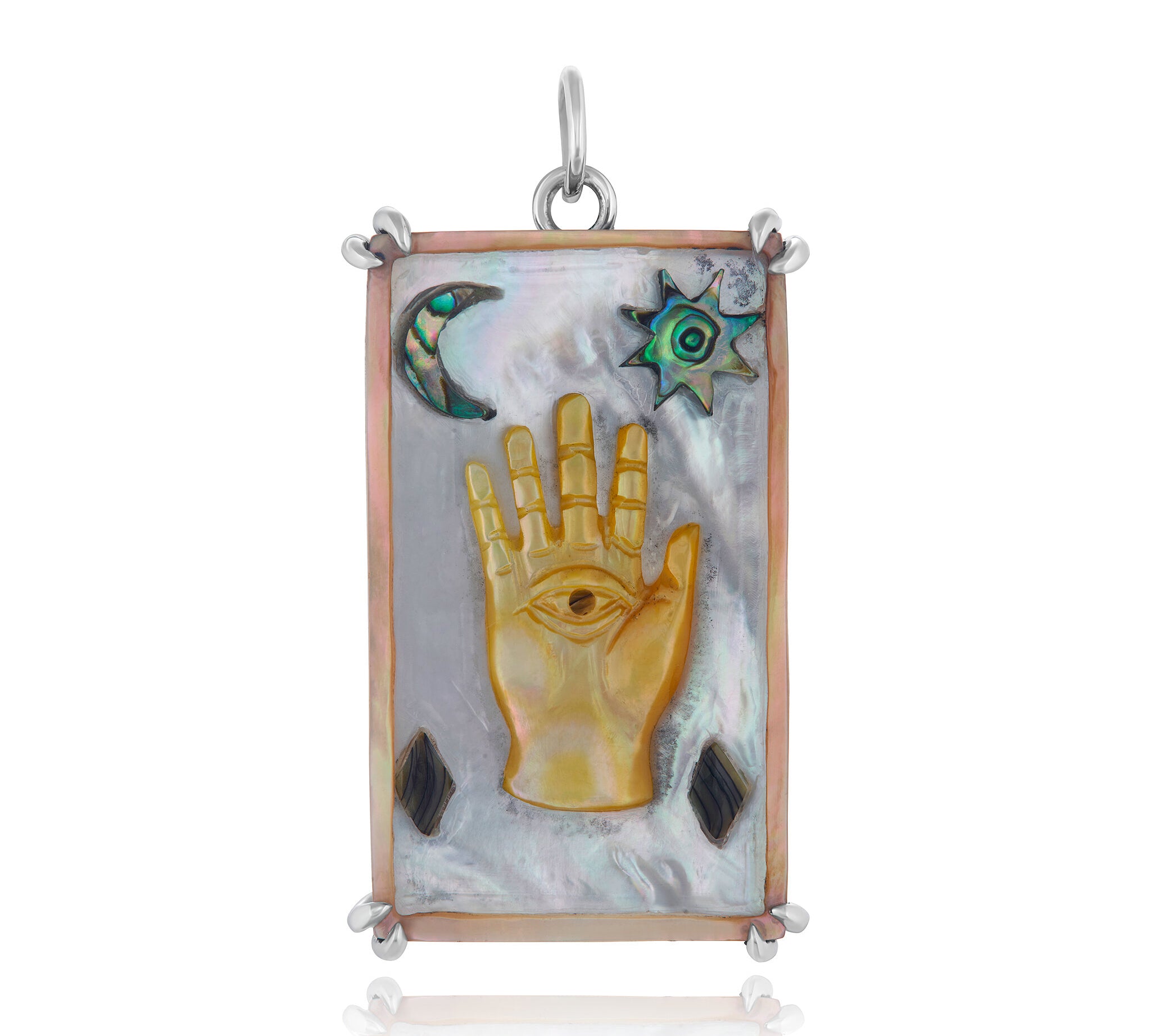 Hand Carved Hamsa Sacred Symbol Tablet Charm Charm Maura Green Sterling Silver  