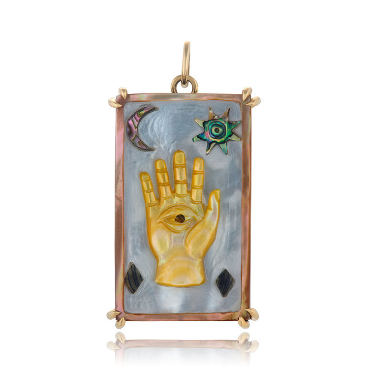 Hand Carved Hamsa Sacred Symbol Tablet Charm Charm Maura Green 14k Yellow Gold  