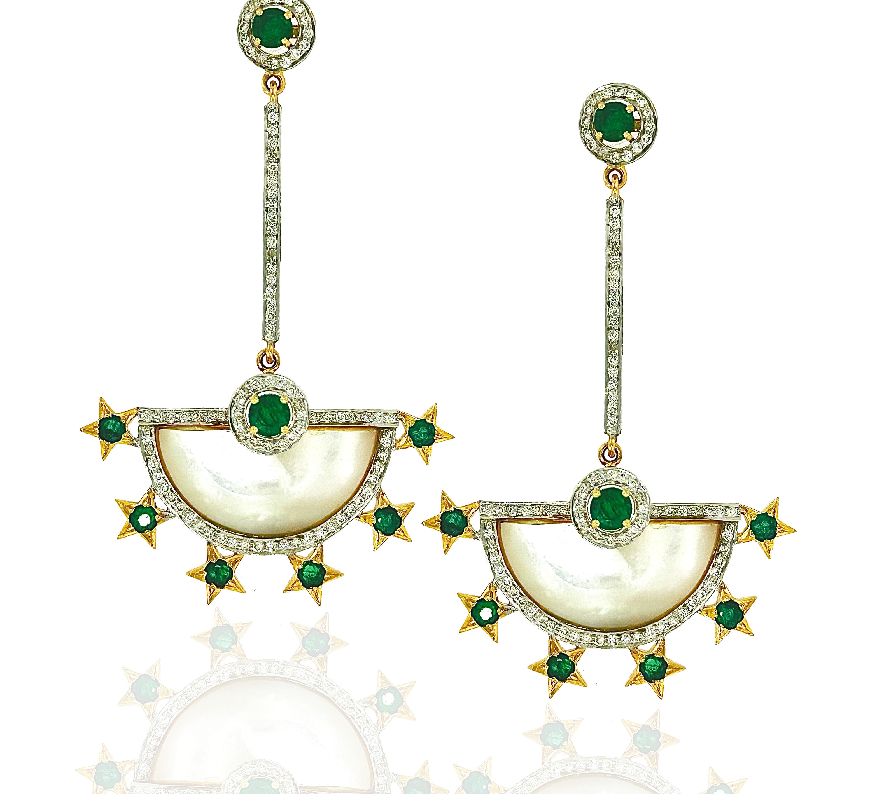 Emerald MOP Deco Half-Moon Earrings Statement Earrings Hanut Singh   