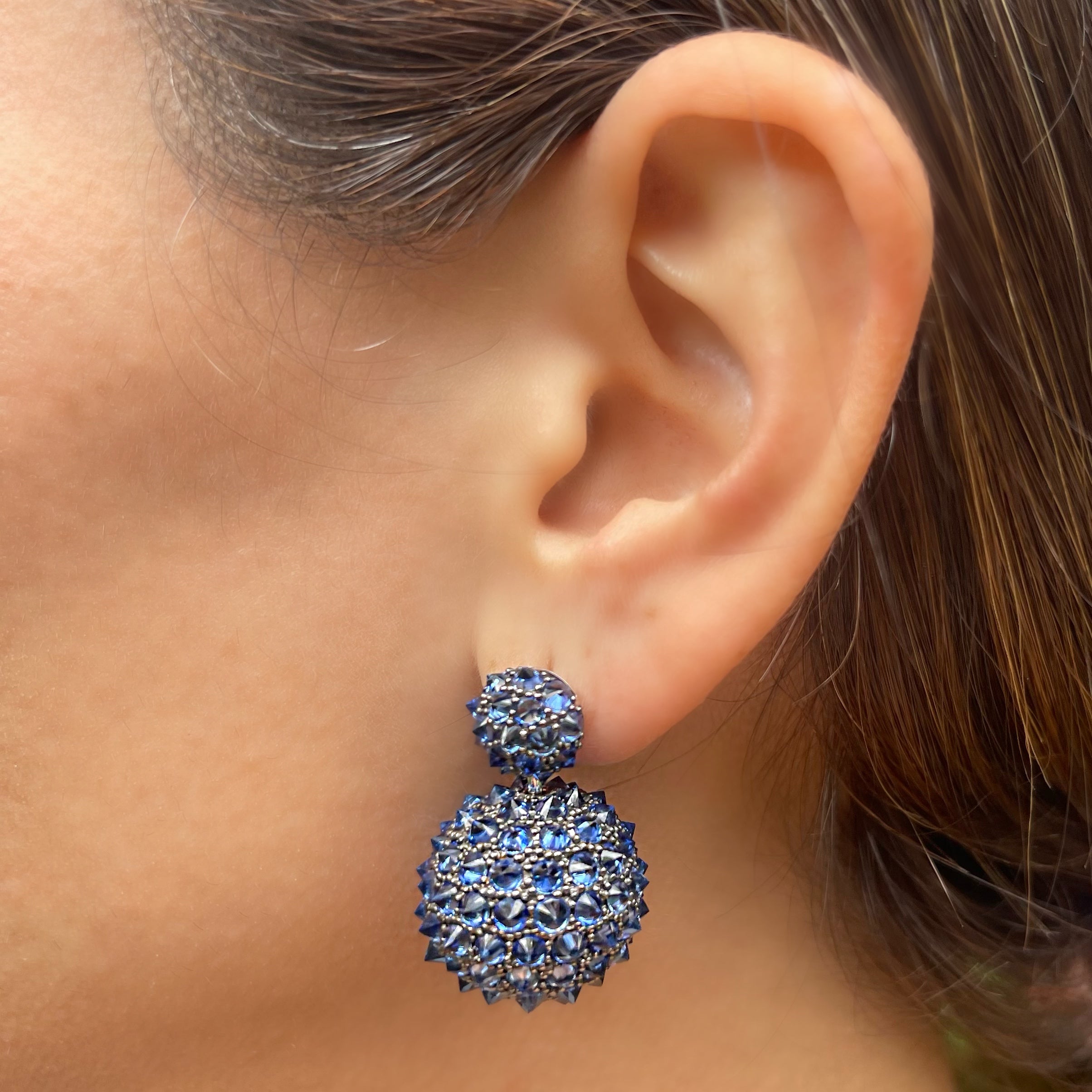Blue Sapphire Double Ball Drop Earrings Statement Goshwara   