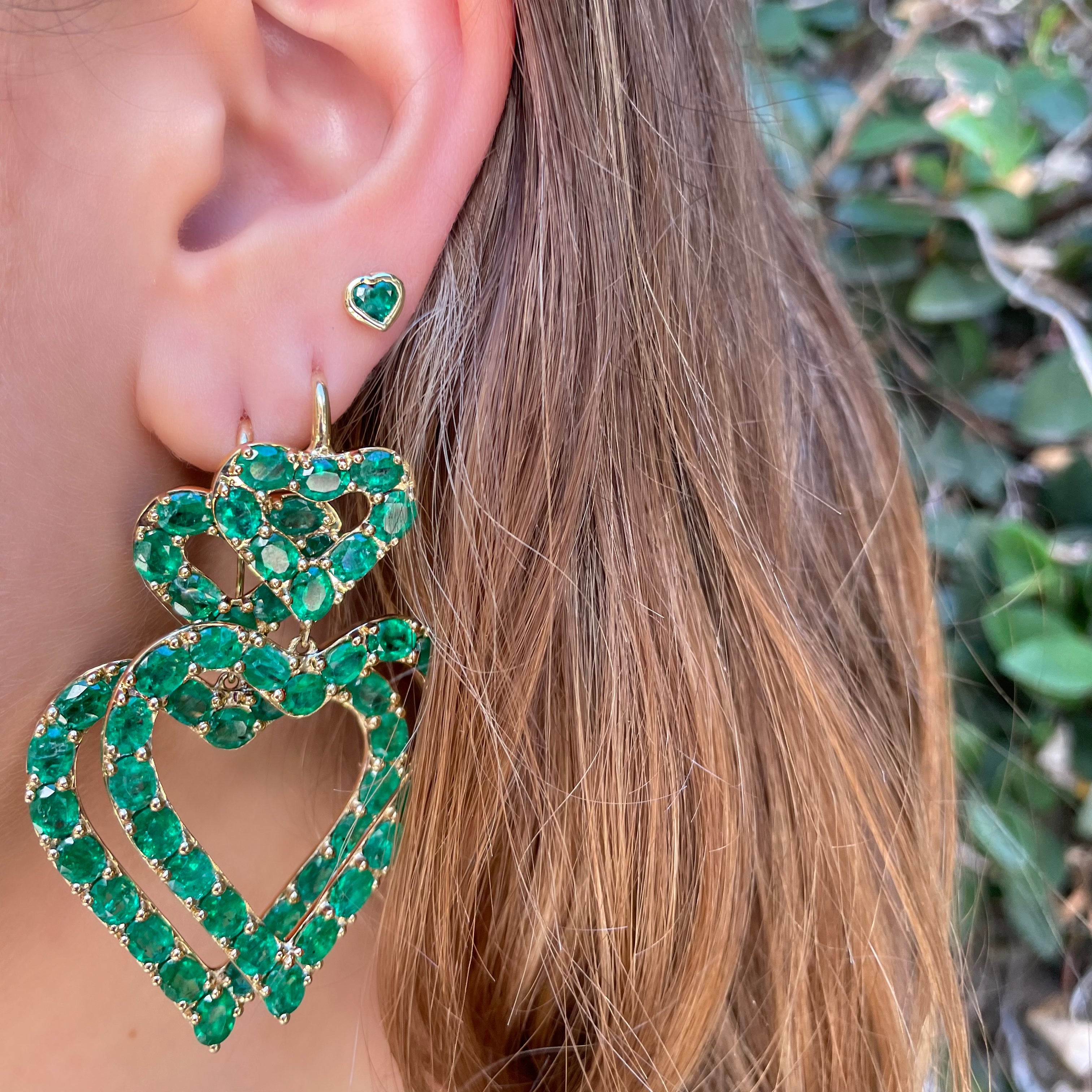 Double Heart Shape Emerald Earrings on Wire Statement Goshwara   