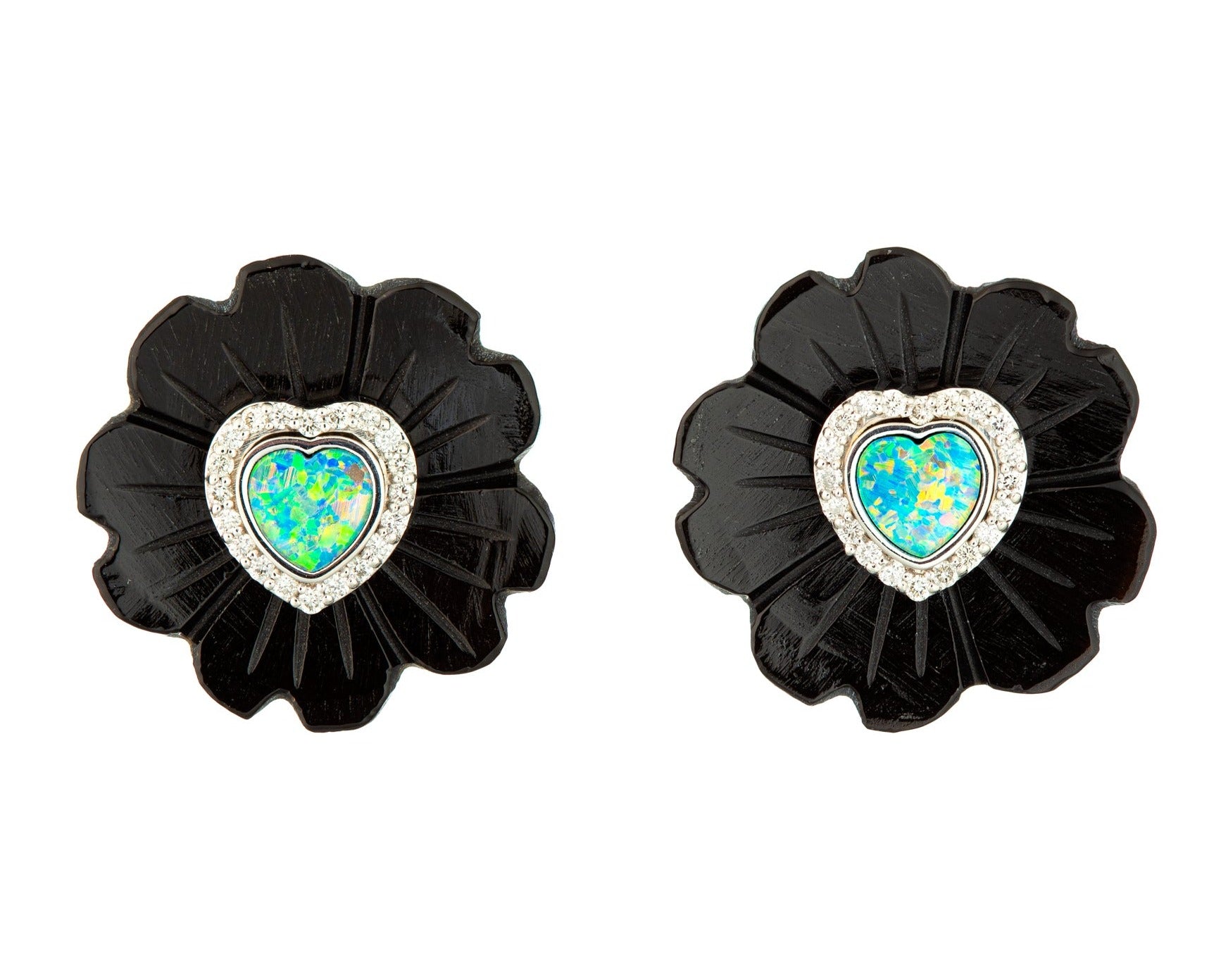 Jade Flower Earrings with Opal Heart Earrings Guita M   