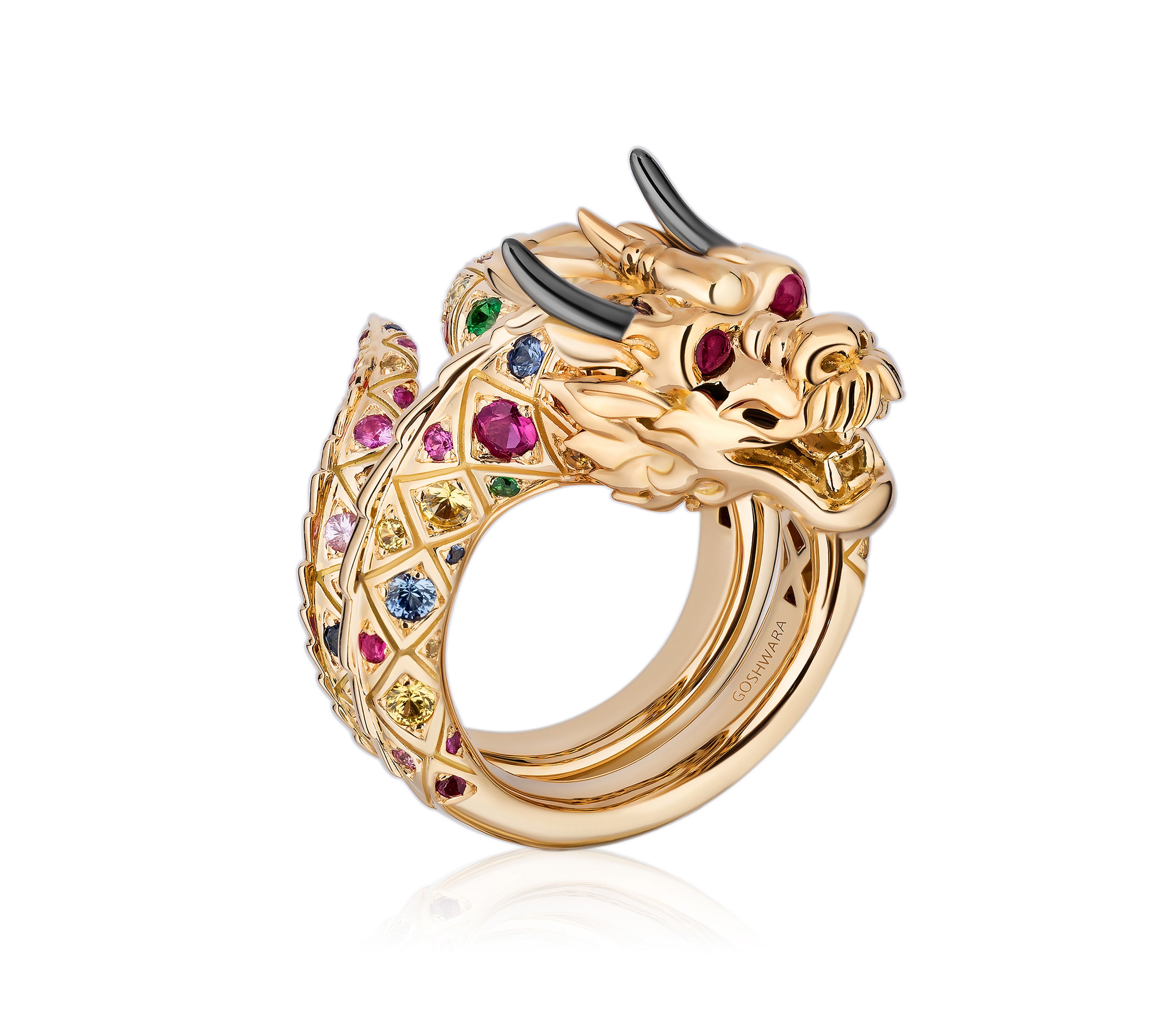 Full Pave Multi-Sapphire Dragon Ring with Ruby Cabochon Cocktail Ring Goshwara 6  