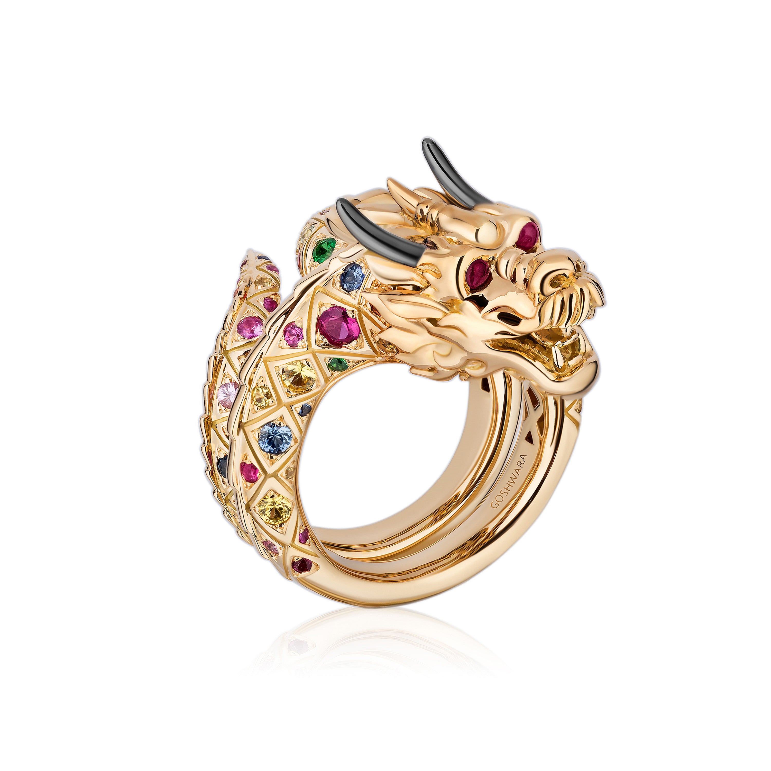 Full Pave Multi-Sapphire Dragon Ring with Ruby Cabochon Statement Ring Goshwara