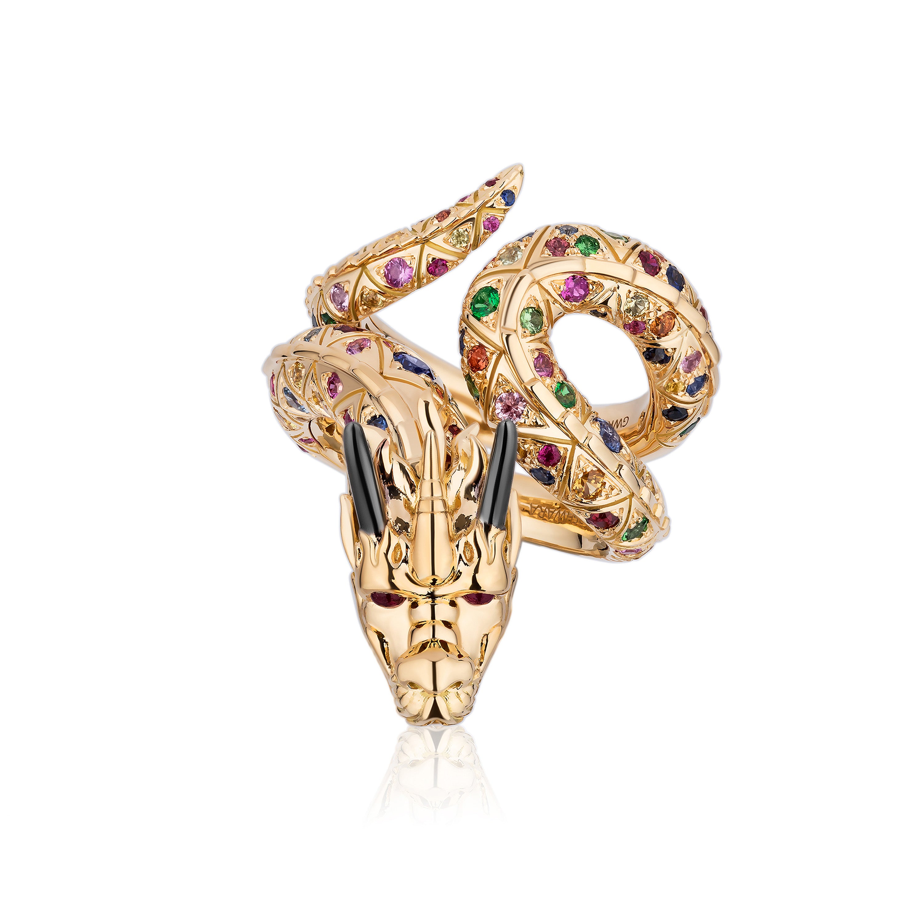 Full Pave Multi-Sapphire Dragon Ring with Ruby Cabochon Statement Ring Goshwara