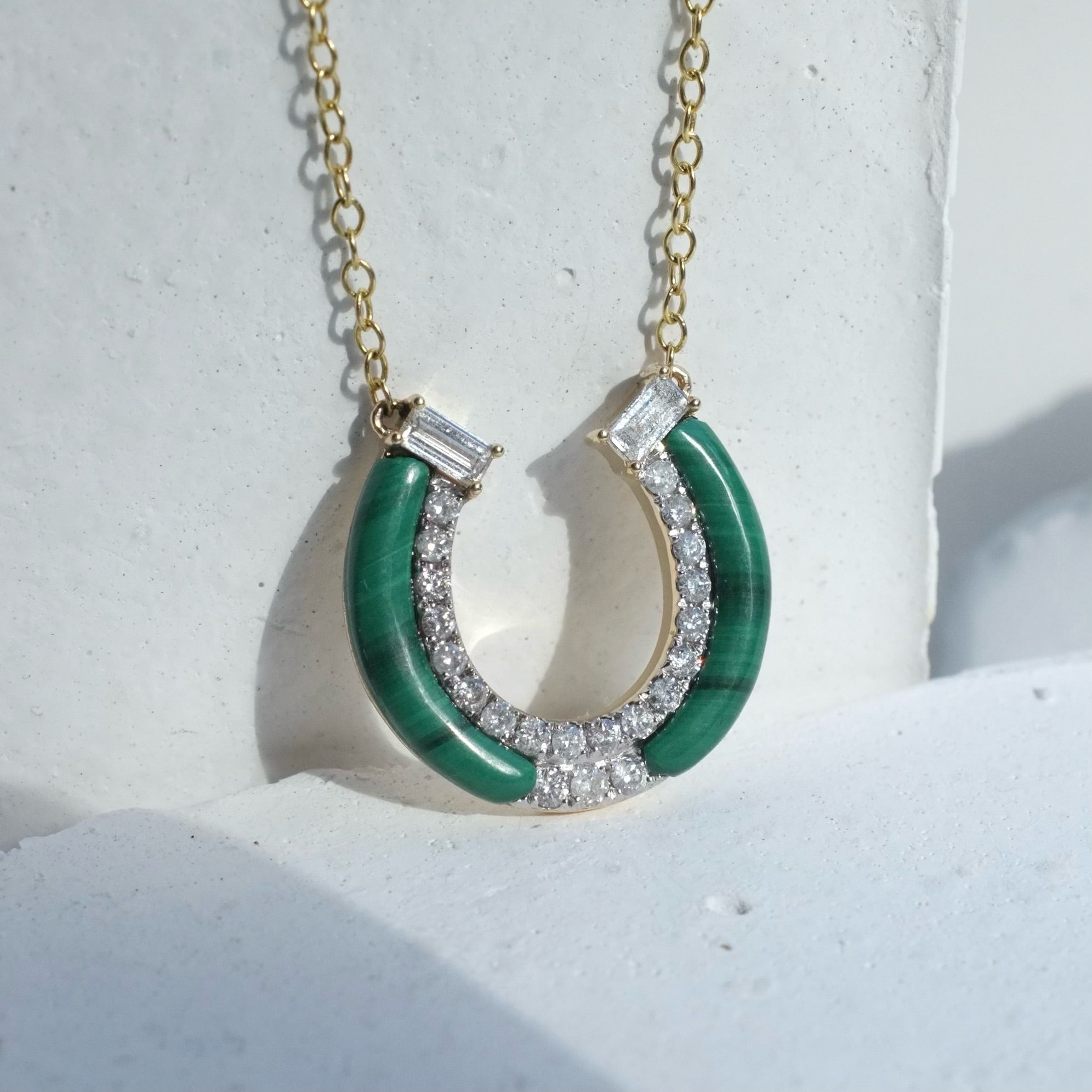 Malachite Horseshoe Necklace with Diamonds Pendant Elisabeth Bell Jewelry   