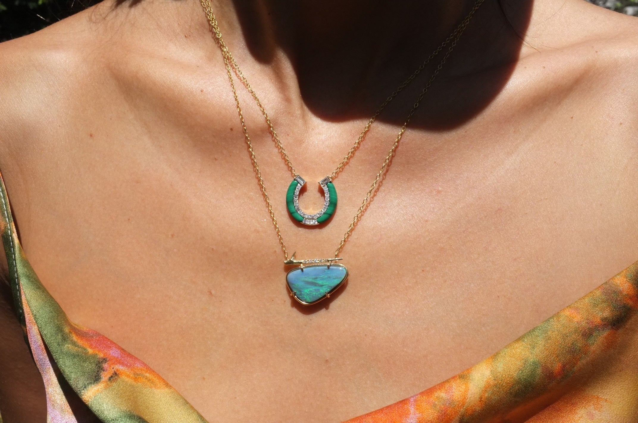 Malachite Horseshoe Necklace with Diamonds Pendant Elisabeth Bell Jewelry   