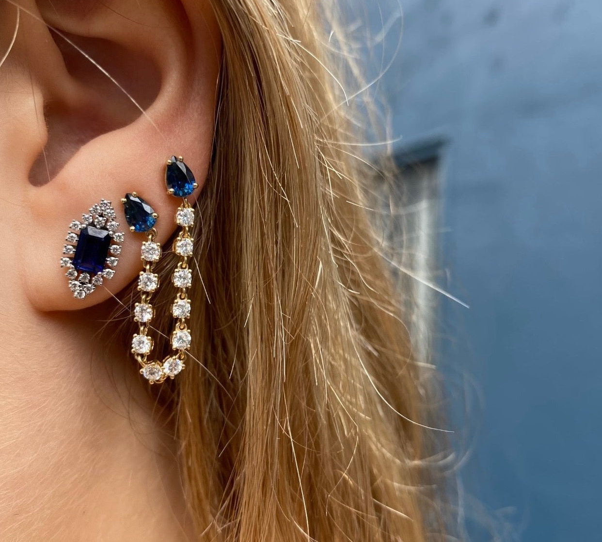 Sapphire Diamond Earrings, Pair Stud Earrings Roseark Deux   