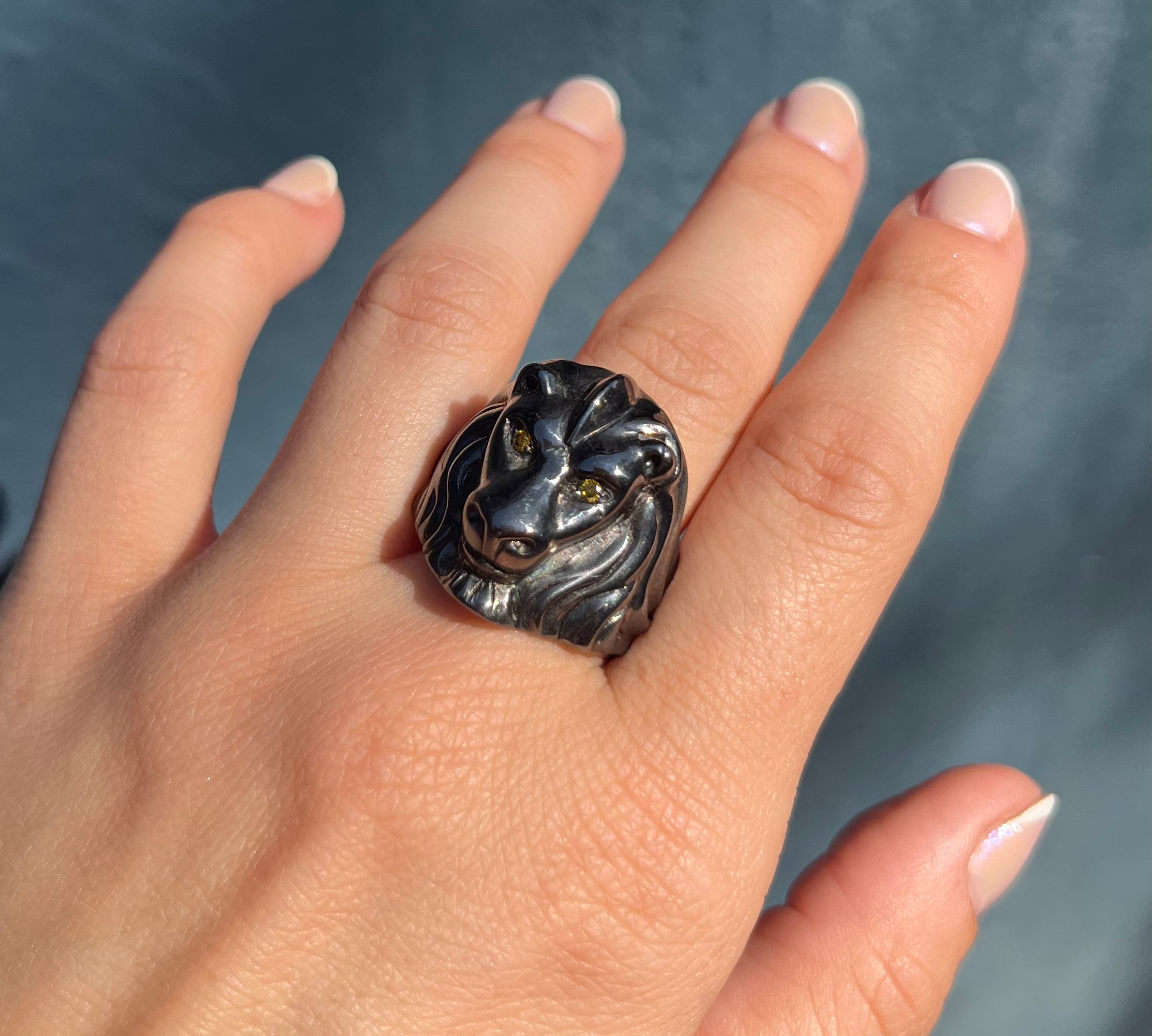 Lion Ring, Black Silver and Diamond Statement Ring Sale   