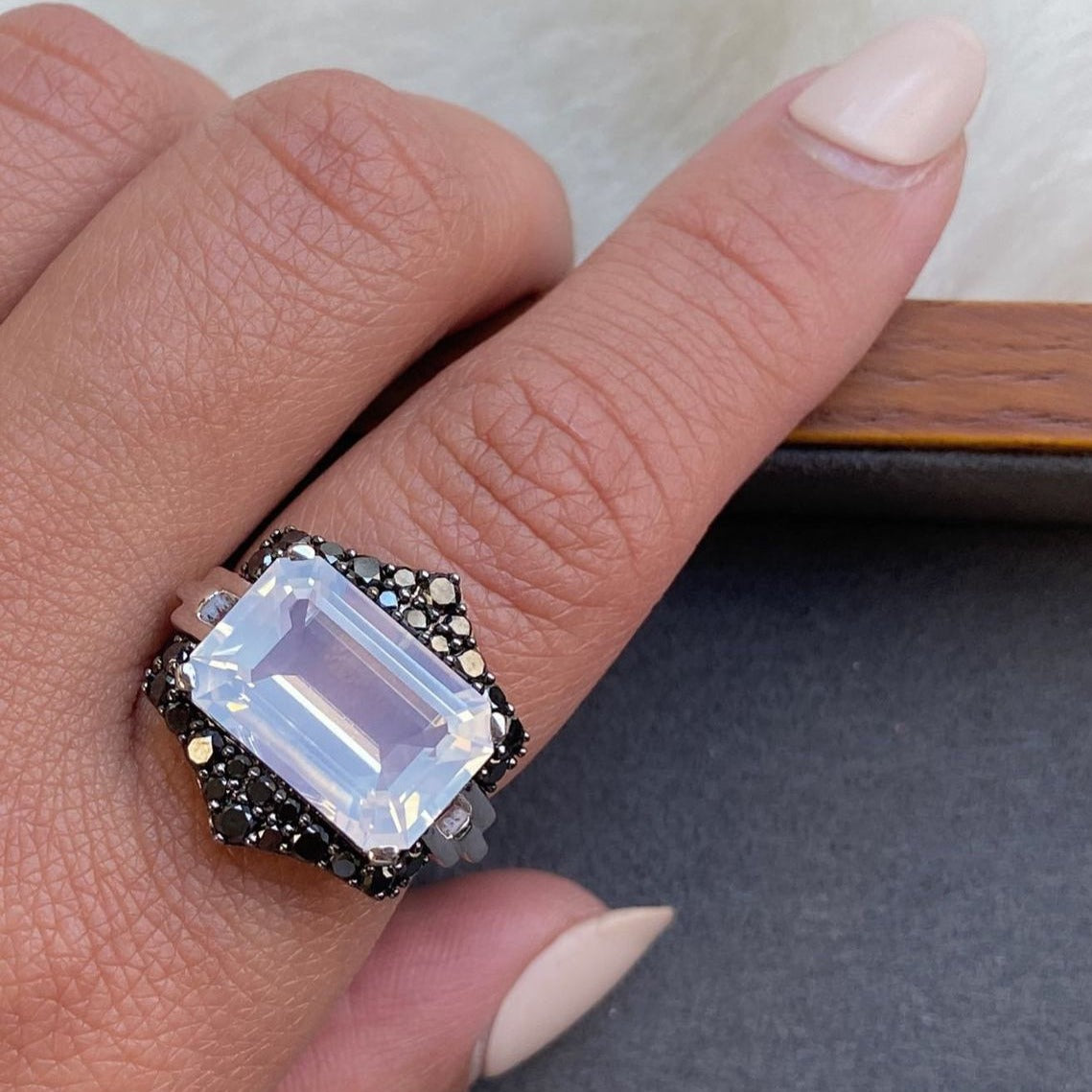 Moon Quartz Emerald-Cut Ring with Black Diamonds Cocktail Ring Goshwara