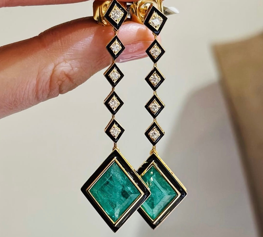 Kite Emerald Enamel Earrings with Diamonds Statement Earrings Goshwara