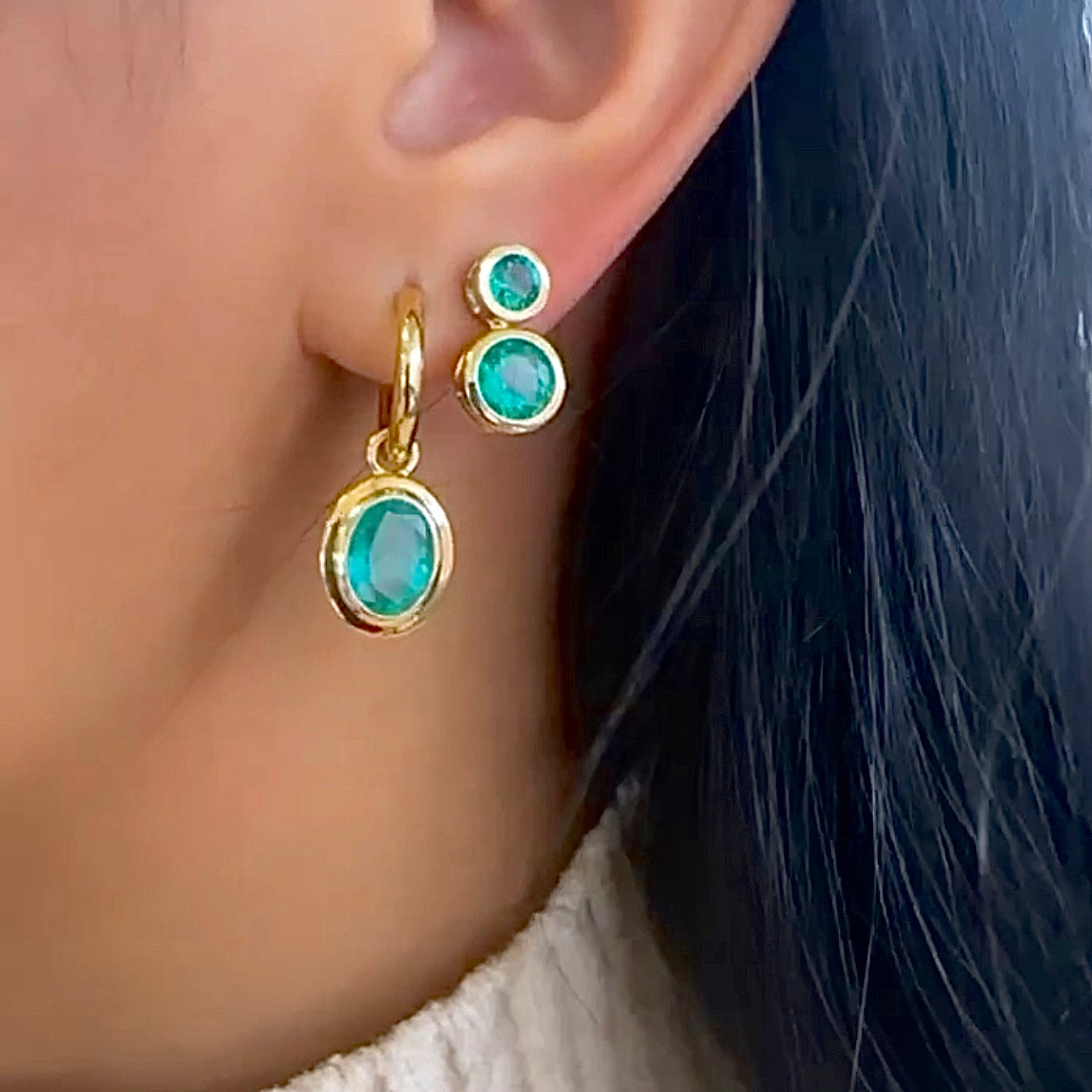 Faceted Oval Emerald Hoop Earring, Small Drop Earrings Goshwara   