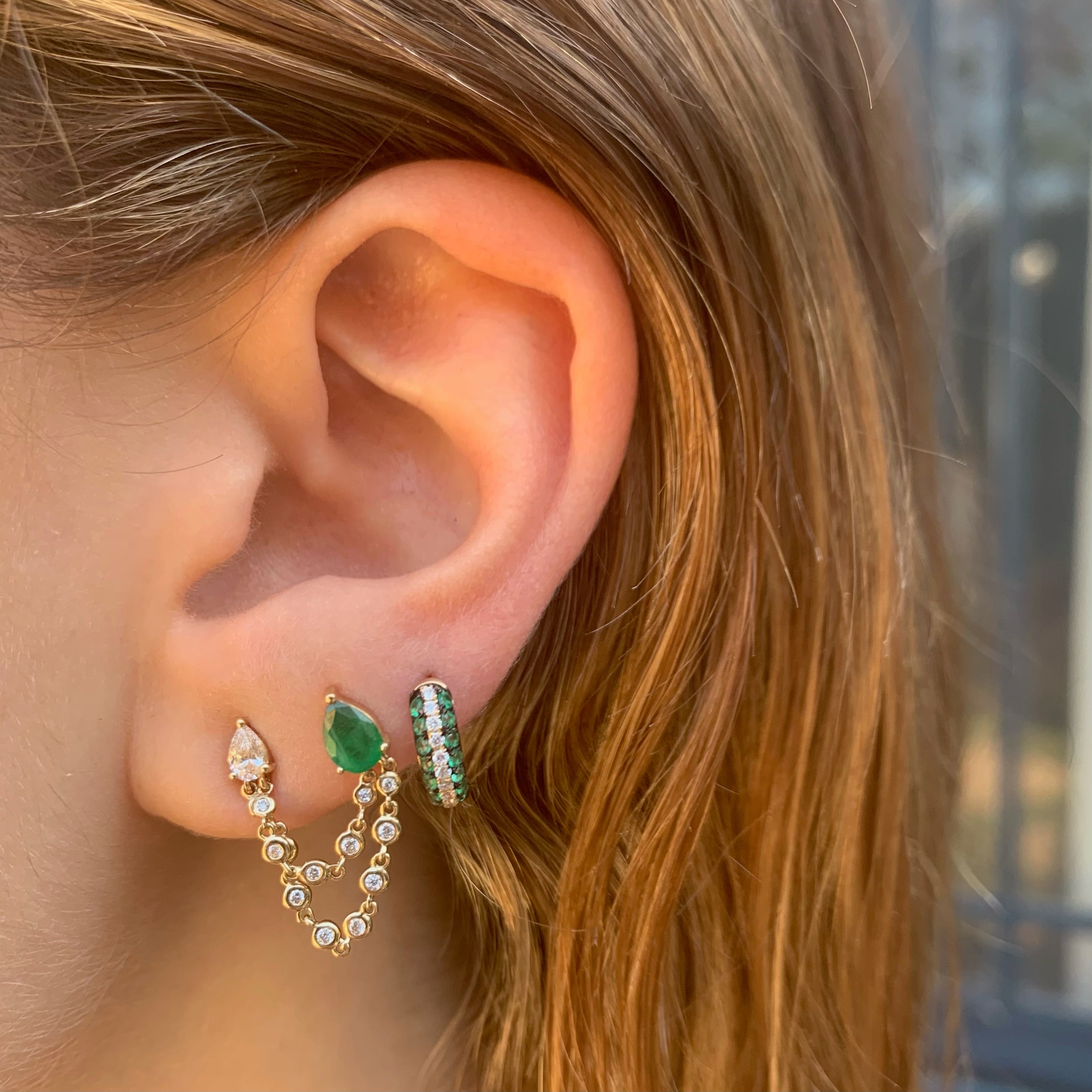 Emerald and Diamond Ear Chain Drop Earrings Roseark Deux   