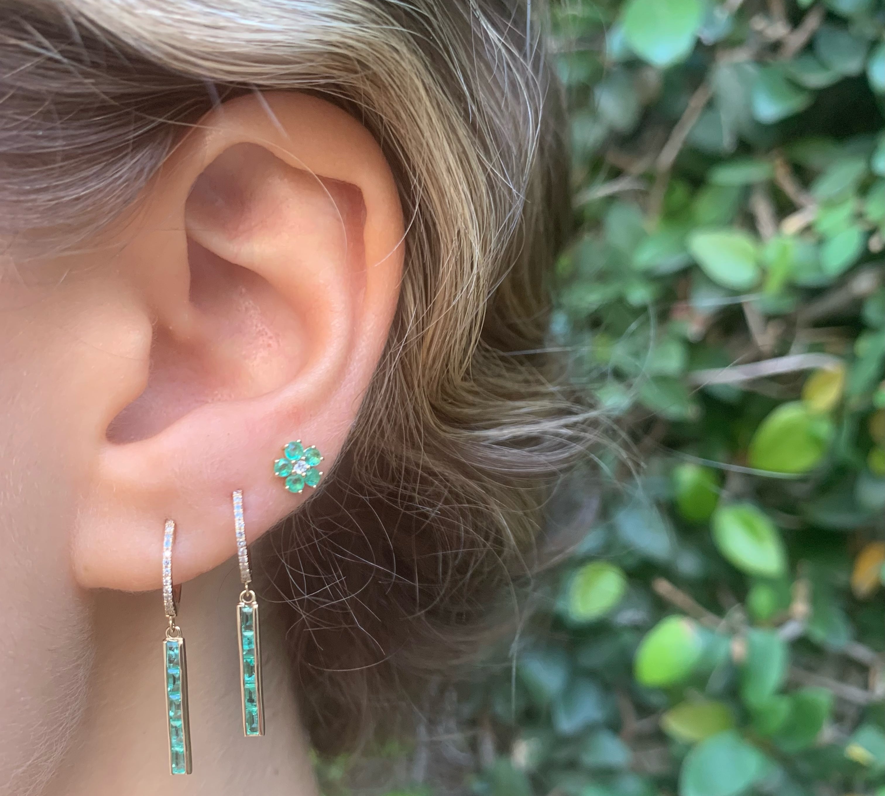 Diamond and Emerald Drop Huggie Drop Earrings Roseark Deux   