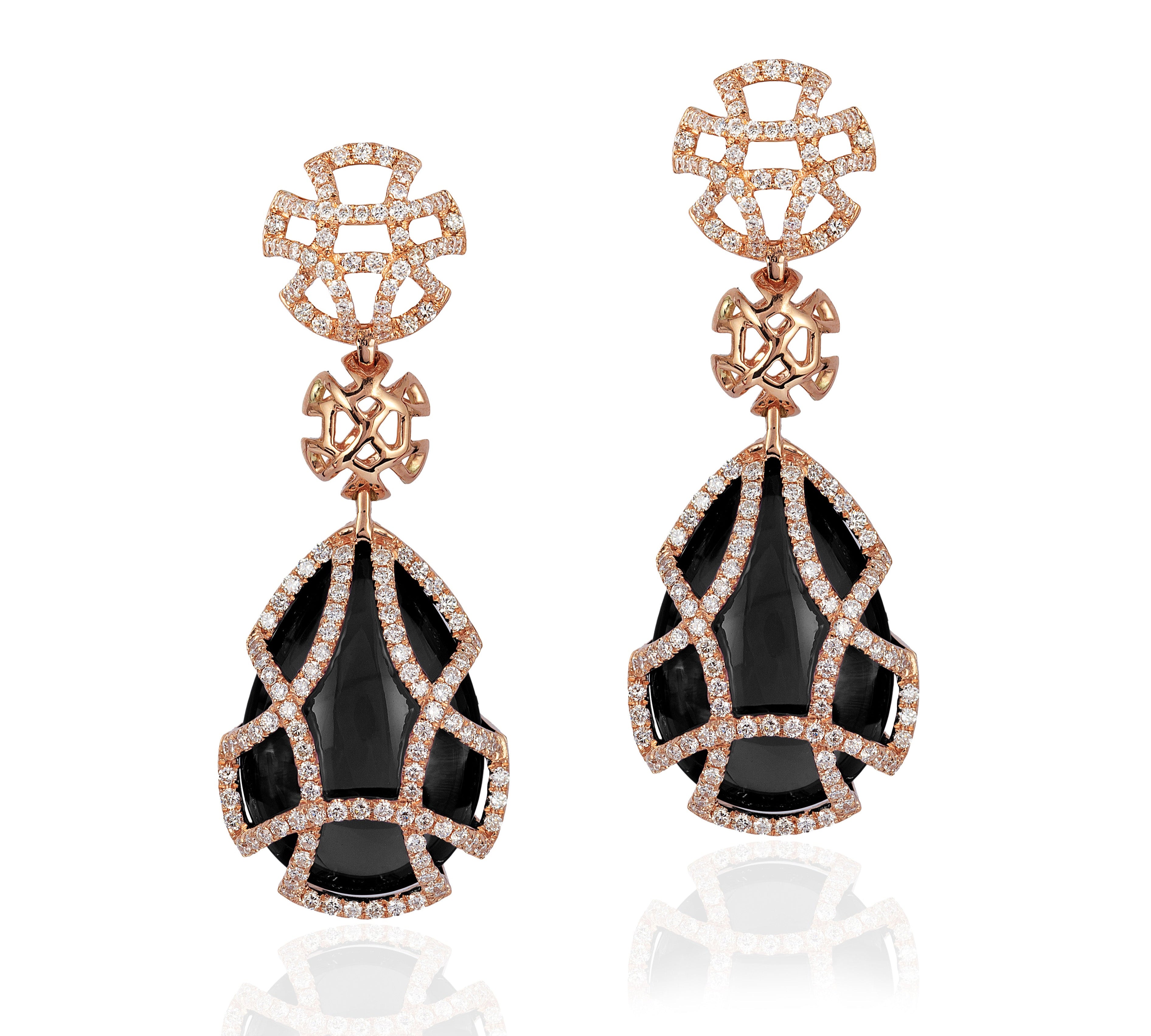 Teardrop Cage Earrings with Diamonds Drop Earrings Goshwara Onyx Yellow Gold