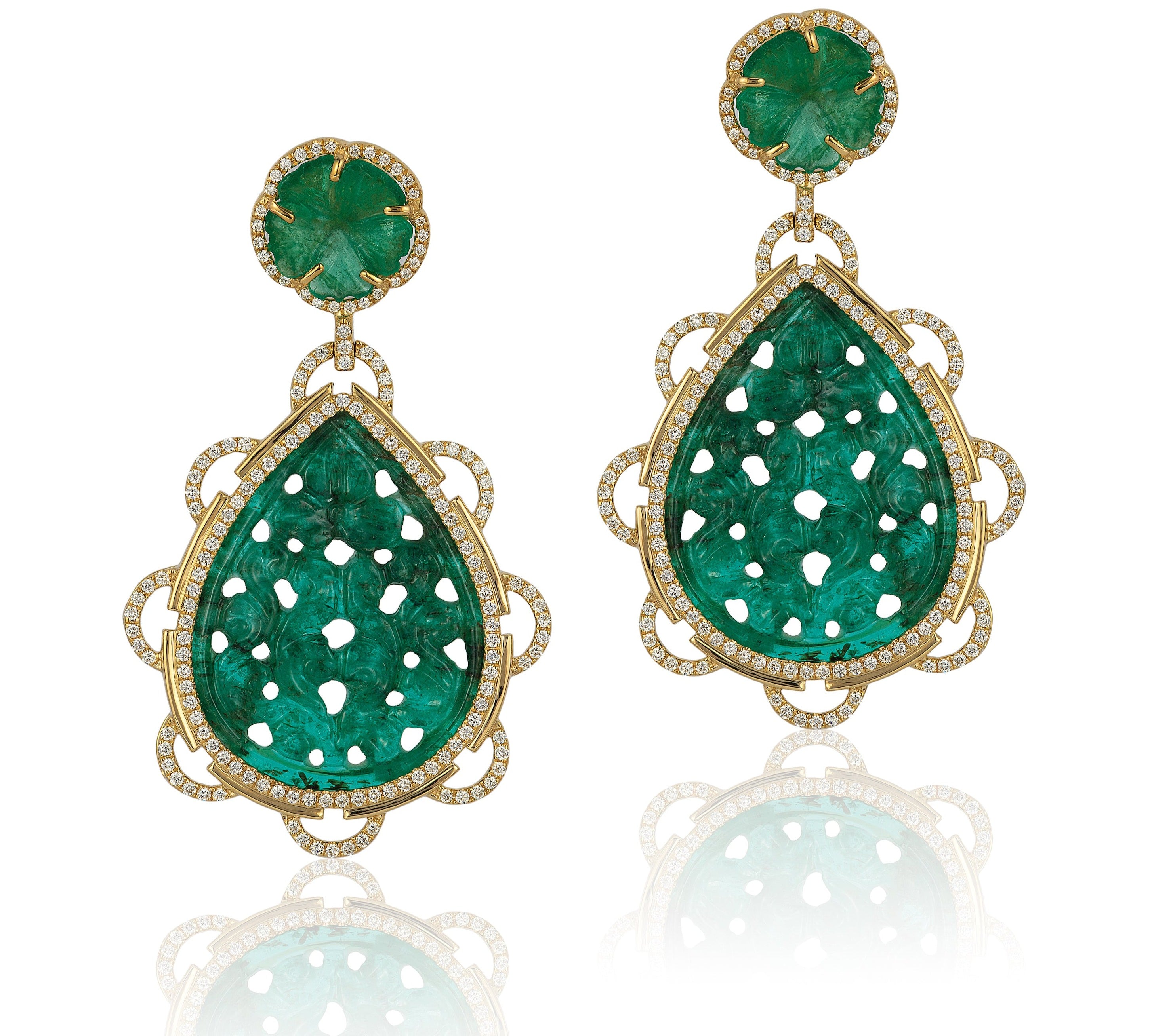 Carved Emerald Flower Earrings Drop Earrings Goshwara   