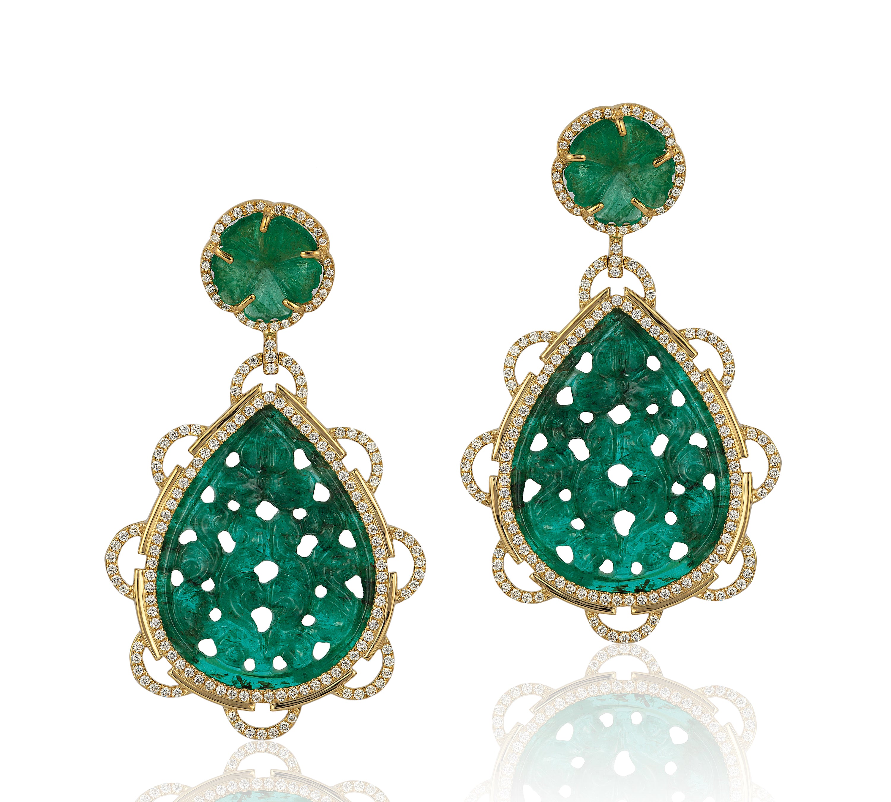 Emerald Carved Flower Earrings Drop Earrings Goshwara   