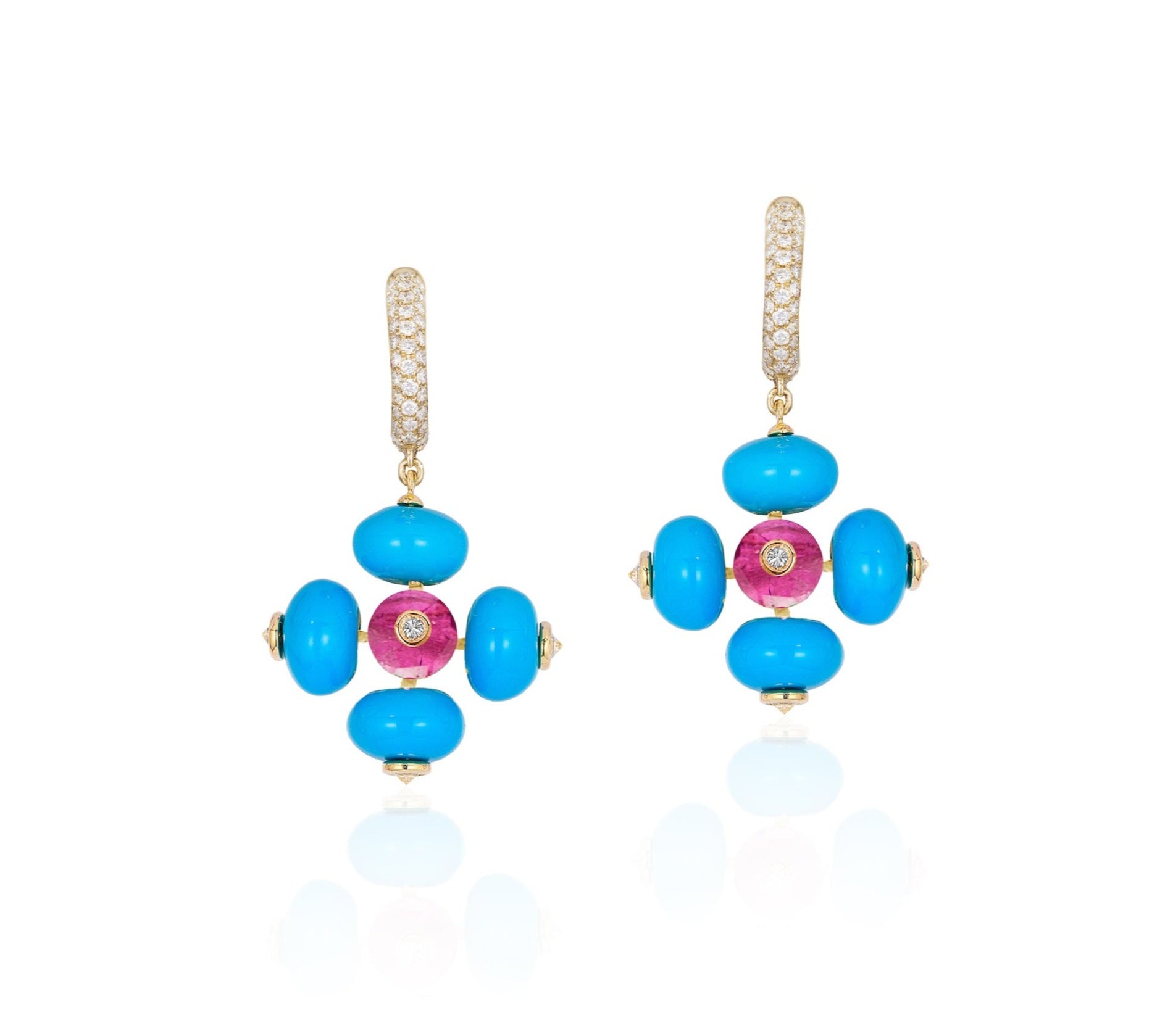 Turquoise Rubelite Bead Diamond Earrings Drop Earrings Goshwara   