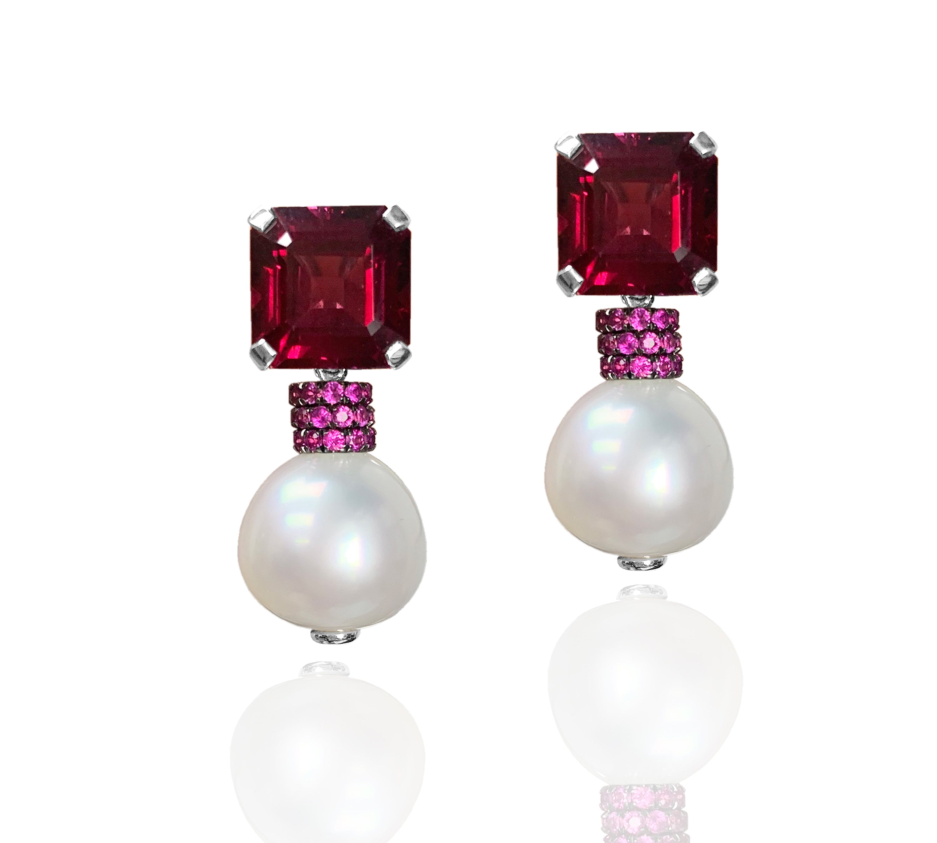 Emerald-Cut Garnet Pearl Rondelle Earrings Statement Earrings Goshwara