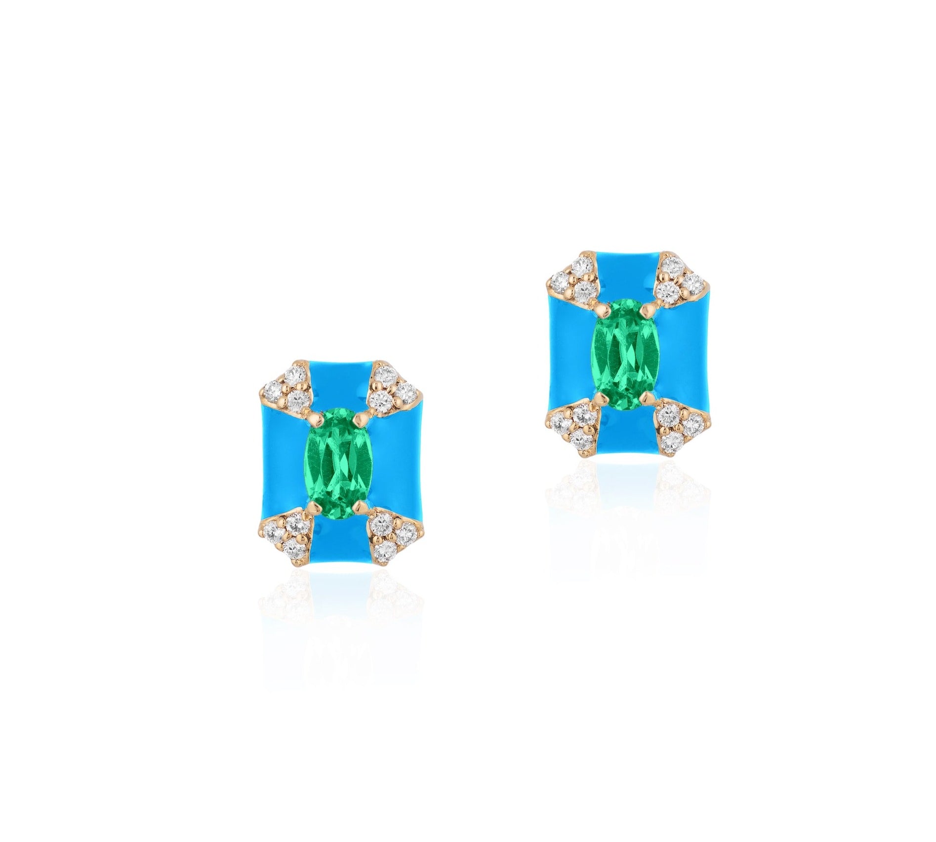 Rectangle Stone Enamel Stud Earrings with Diamonds Stud Earrings Goshwara Emerald Turq Enamel