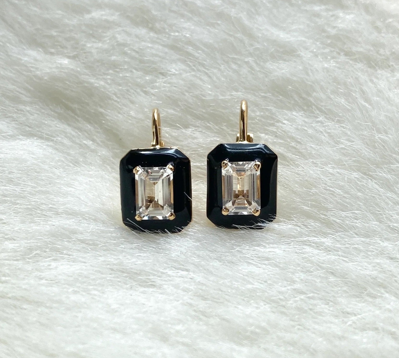 Rock Crystal Emerald-Cut Earrings with Black Enamel Drop Earrings Goshwara