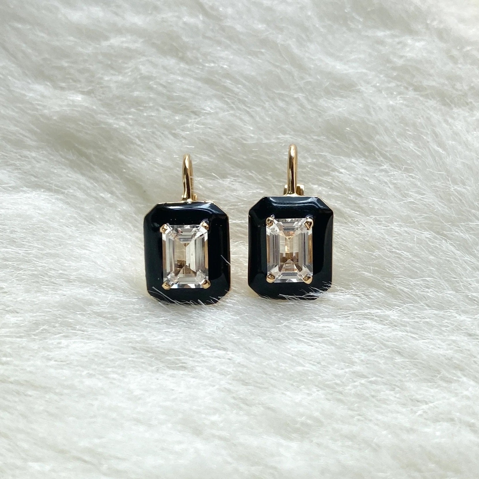 Rock Crystal Emerald-Cut Earrings with Black Enamel Drop Earrings Goshwara