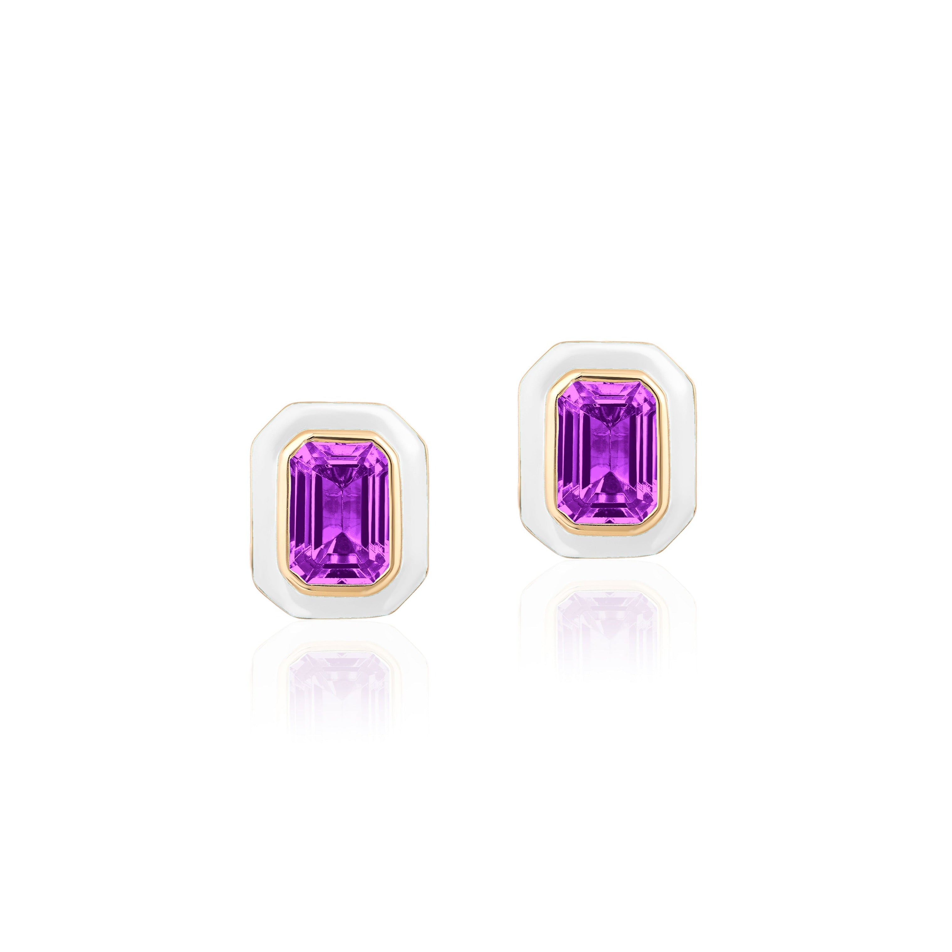 Emerald-Cut Stone Studs with White Enamel Studs Goshwara Amethyst  