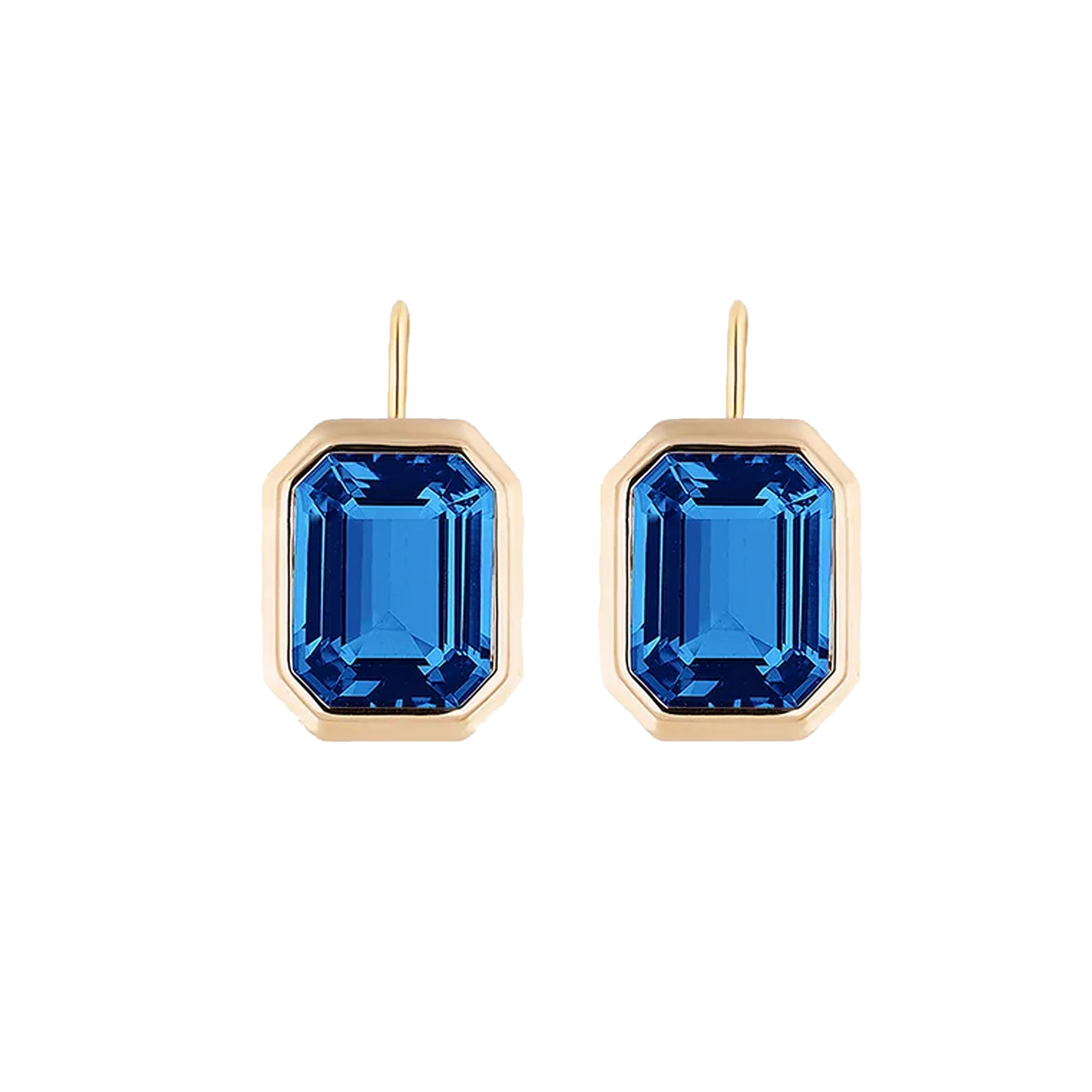 Emerald-Cut Bezel Set Earrings on Wire Drop Earrings Goshwara London Blue Topaz